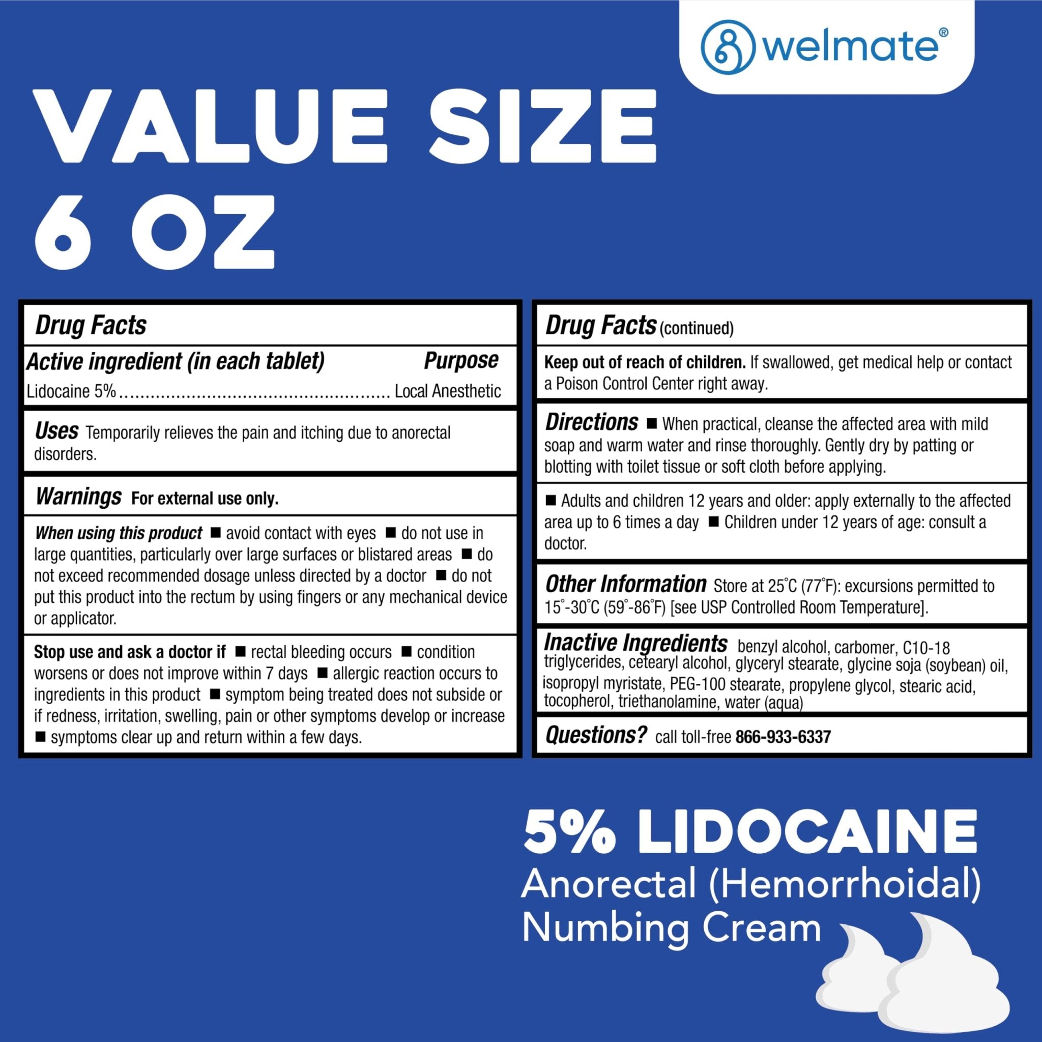 WELMATE 5% Lidocaine Cream for Hemorrhoids, 6 oz Jar – Fast-Acting Lidocaine Numbing Cream & Topical Analgesic Cream for Anorectal Itch Relief - Maple Wellness Supplements