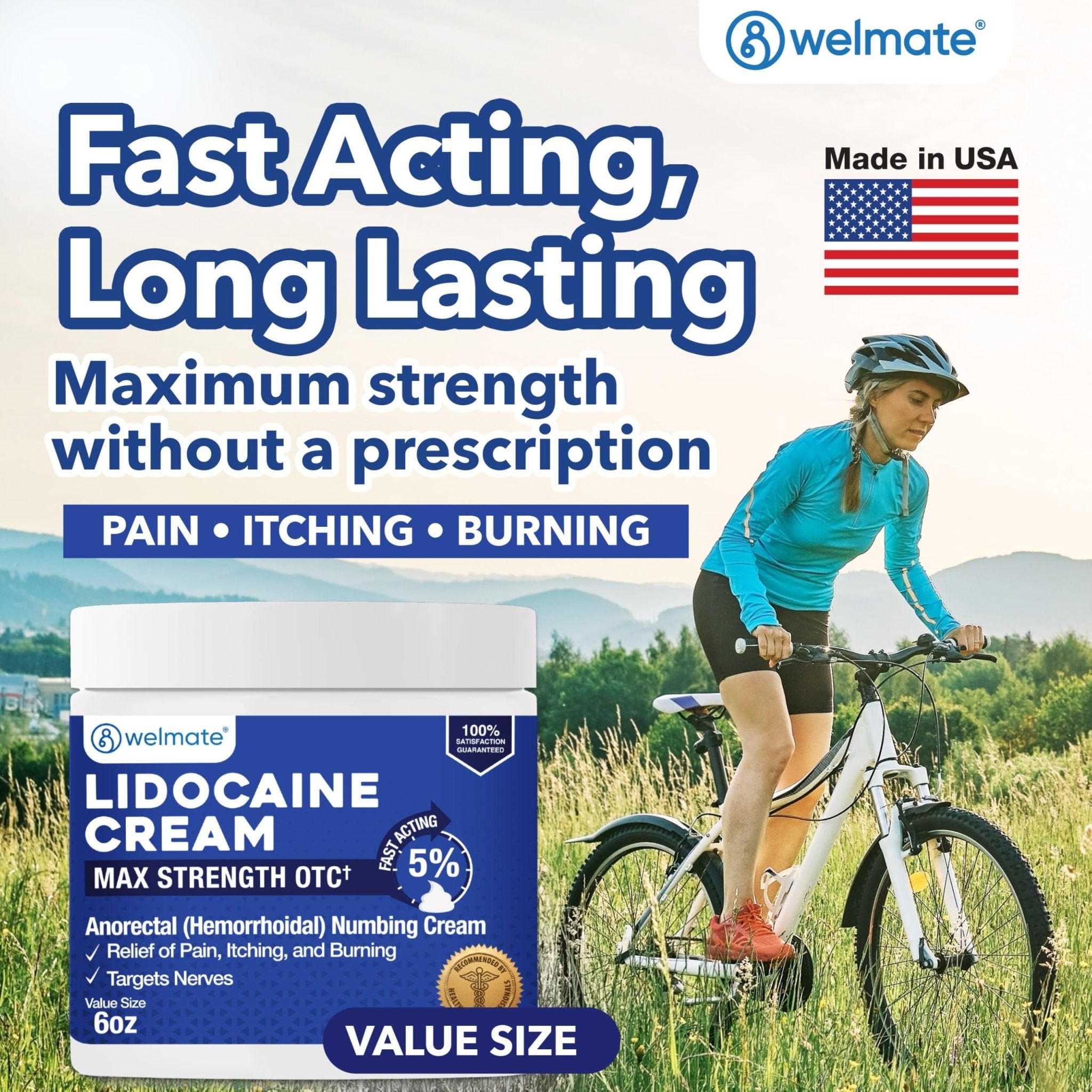 WELMATE 5% Lidocaine Cream for Hemorrhoids, 6 oz Jar – Fast-Acting Lidocaine Numbing Cream & Topical Analgesic Cream for Anorectal Itch Relief - Maple Wellness Supplements
