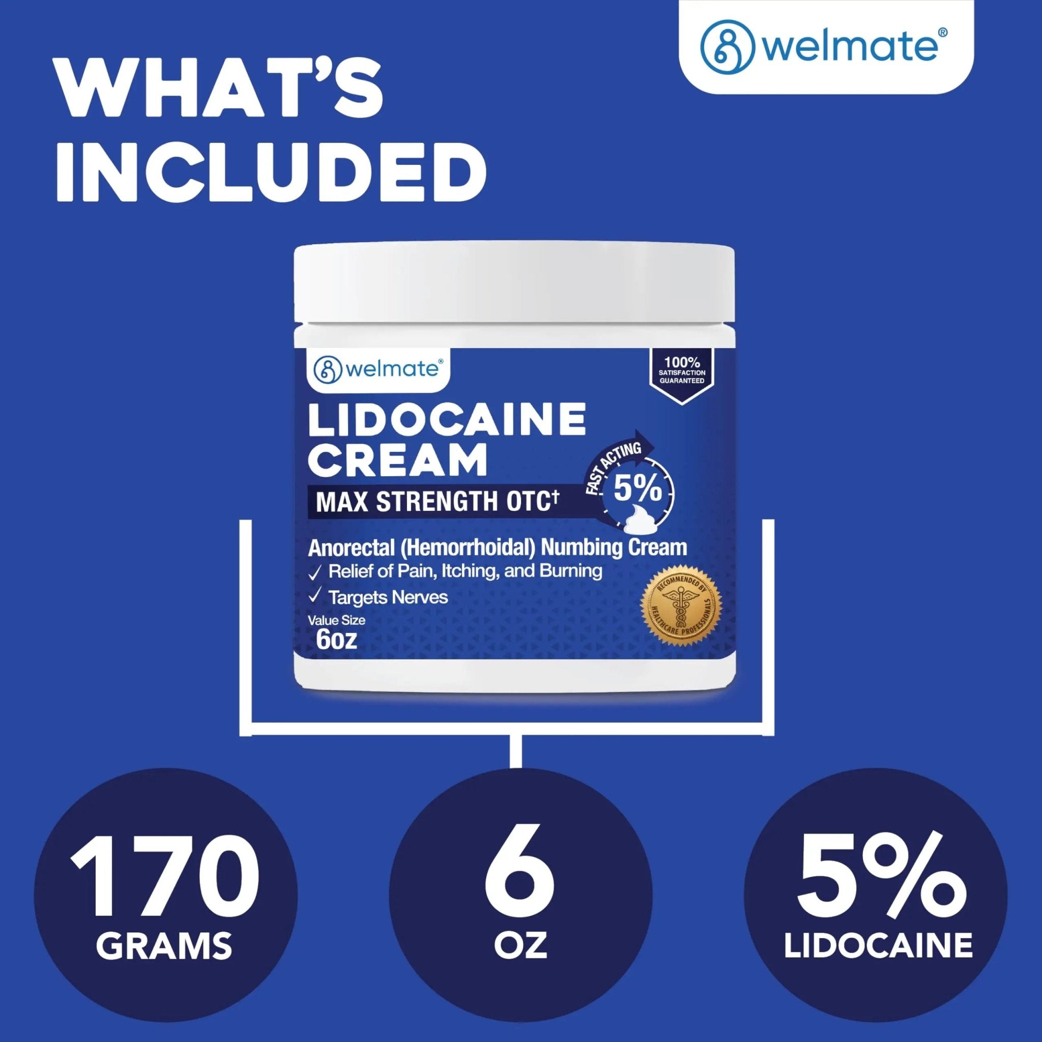 WELMATE 5% Lidocaine Cream for Hemorrhoids, 6 oz Jar – Fast-Acting Lidocaine Numbing Cream & Topical Analgesic Cream for Anorectal Itch Relief - TrustMedUSA