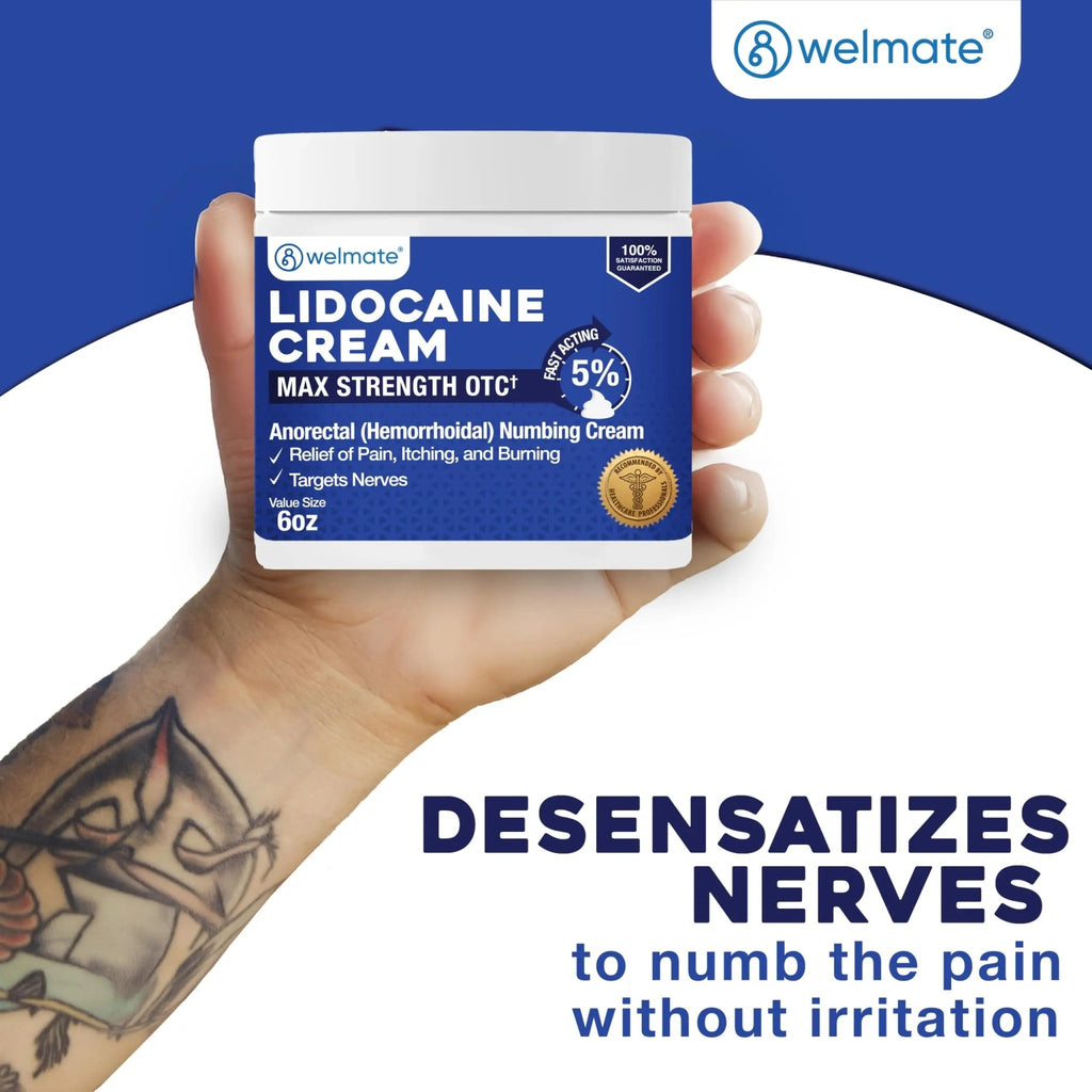 WELMATE 5% Lidocaine Cream for Hemorrhoids, 6 oz Jar – Fast-Acting Lidocaine Numbing Cream & Topical Analgesic Cream for Anorectal Itch Relief - TrustMedUSA