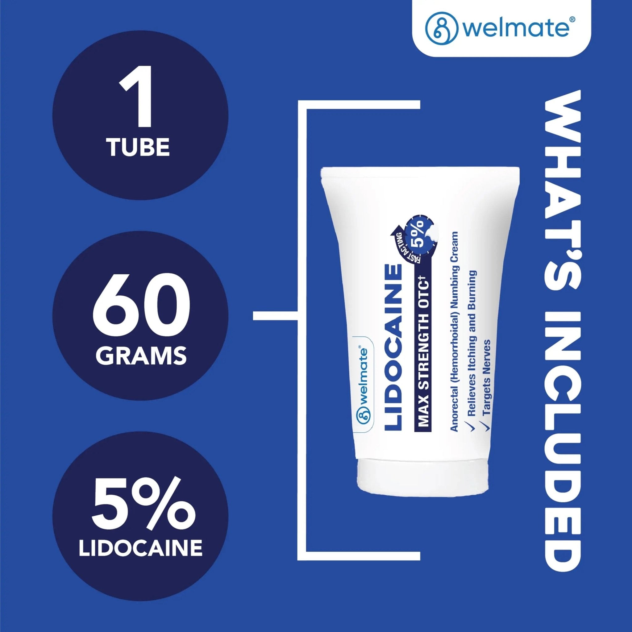 WELMATE 5% Lidocaine Cream for Hemorrhoids – Fast-Acting Lidocaine Numbing Cream & Topical Analgesic Cream for Anorectal Itch Relief, Unscented, Child Resistant Packaging 2 oz (60g) - TrustMedUSA