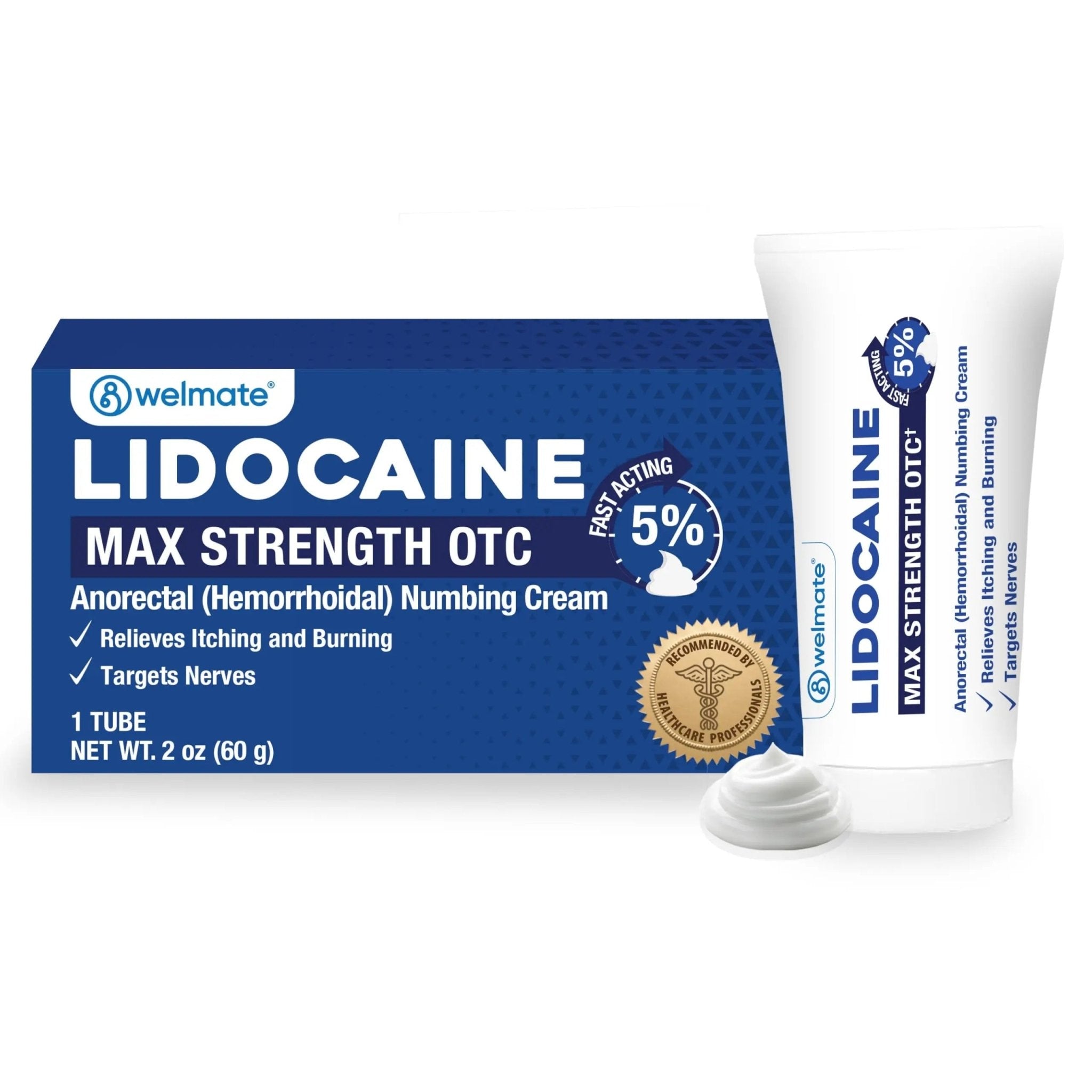 WELMATE 5% Lidocaine Cream for Hemorrhoids – Fast-Acting Lidocaine Numbing Cream & Topical Analgesic Cream for Anorectal Itch Relief, Unscented, Child Resistant Packaging 2 oz (60g) - TrustMedUSA