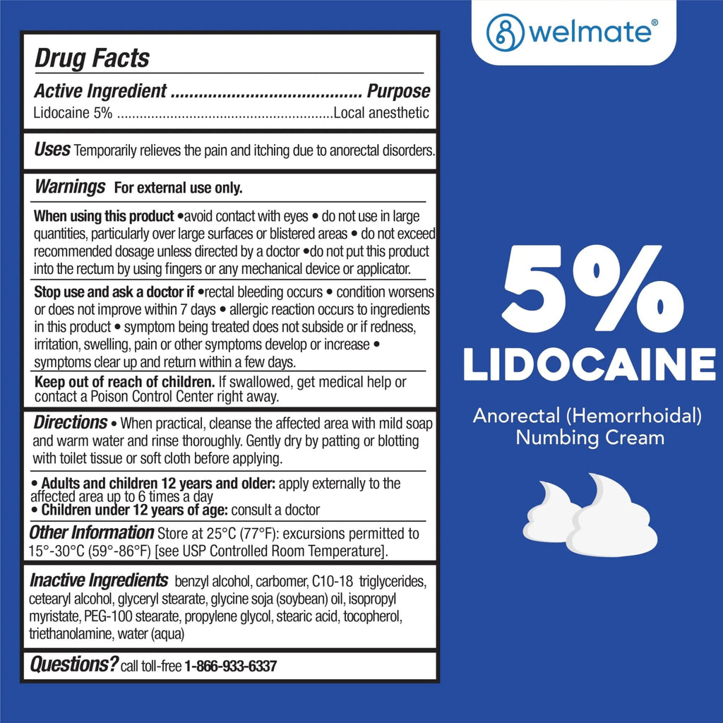 WELMATE 5% Lidocaine Cream for Hemorrhoids – Fast-Acting Lidocaine Numbing Cream & Topical Analgesic Cream for Anorectal Itch Relief, Unscented, Child Resistant Packaging 2 oz (60g) - TrustMedUSA