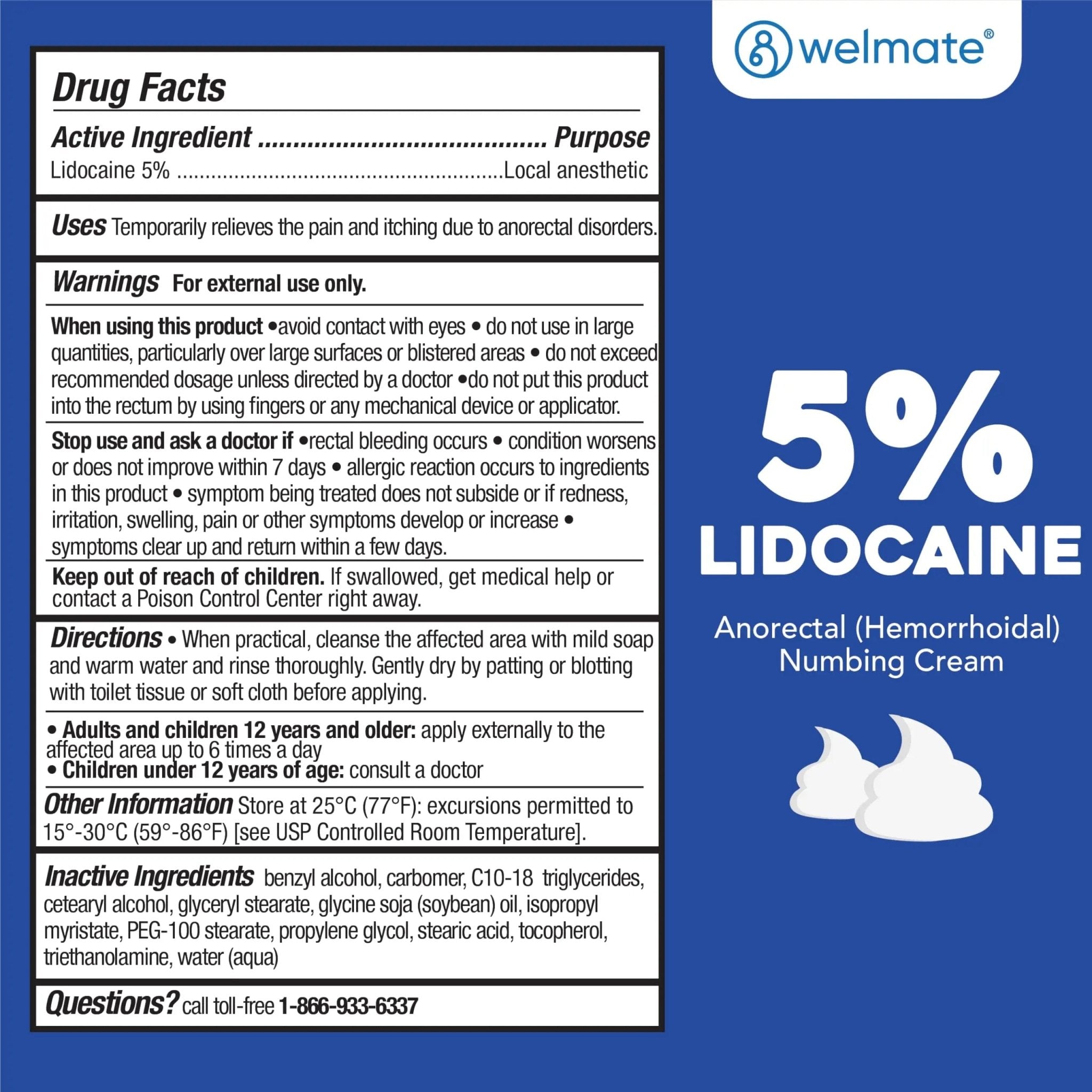WELMATE 5% Lidocaine Cream for Hemorrhoids – Fast-Acting Lidocaine Numbing Cream & Topical Analgesic Cream for Anorectal Itch Relief, Unscented, Child Resistant Packaging 2 oz (60g) - TrustMedUSA
