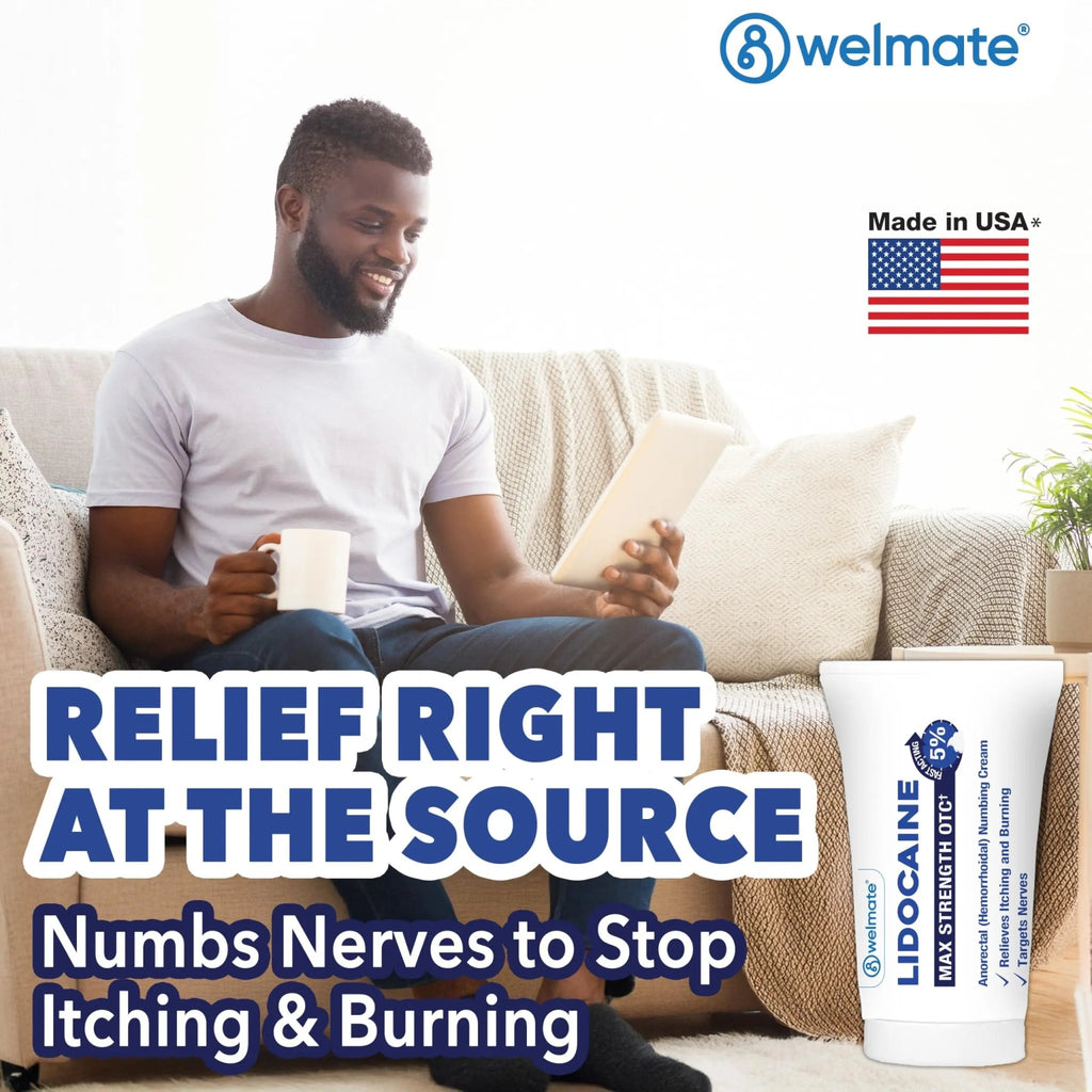WELMATE 5% Lidocaine Cream for Hemorrhoids – Fast-Acting Lidocaine Numbing Cream & Topical Analgesic Cream for Anorectal Itch Relief, Unscented, Child Resistant Packaging 2 oz (60g) - TrustMedUSA