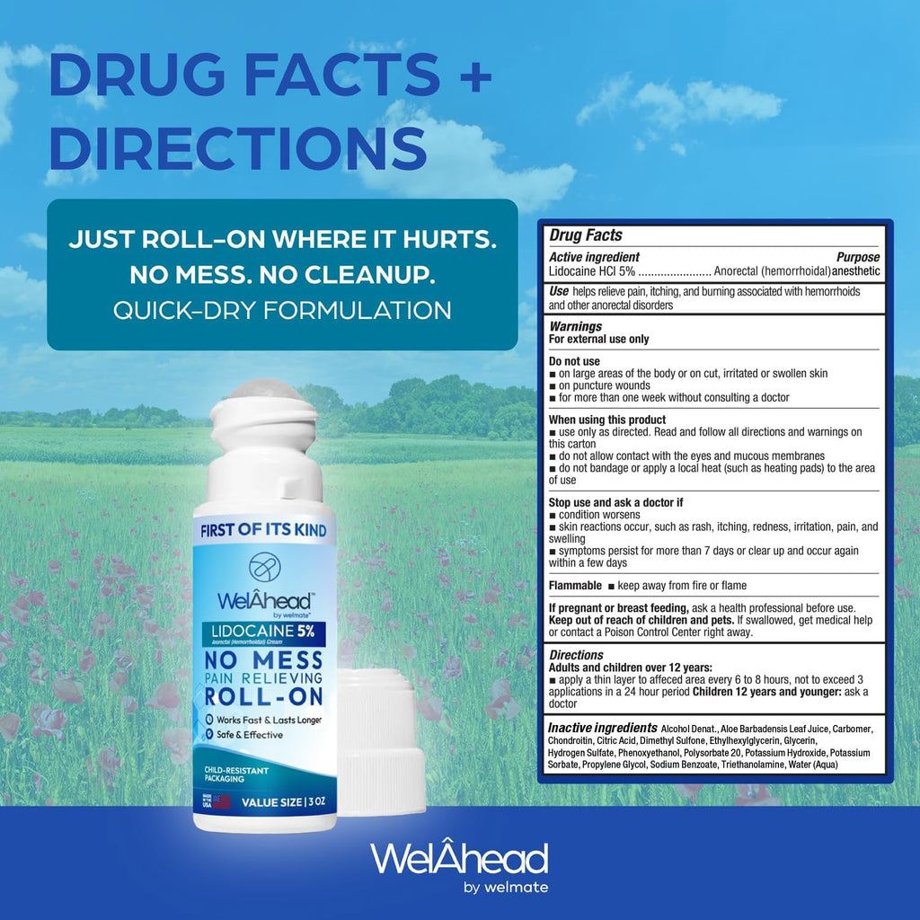 WELMATE - 5% Lidocaine Roll-On (3 oz Value Size) - No Mess Targeted Relief - Topical Anesthetic - Hemorrhoid Relief - Aloe Vera - Fast Acting & Long Lasting - Over-The-Counter Medication - First Aid - TrustMedUSA