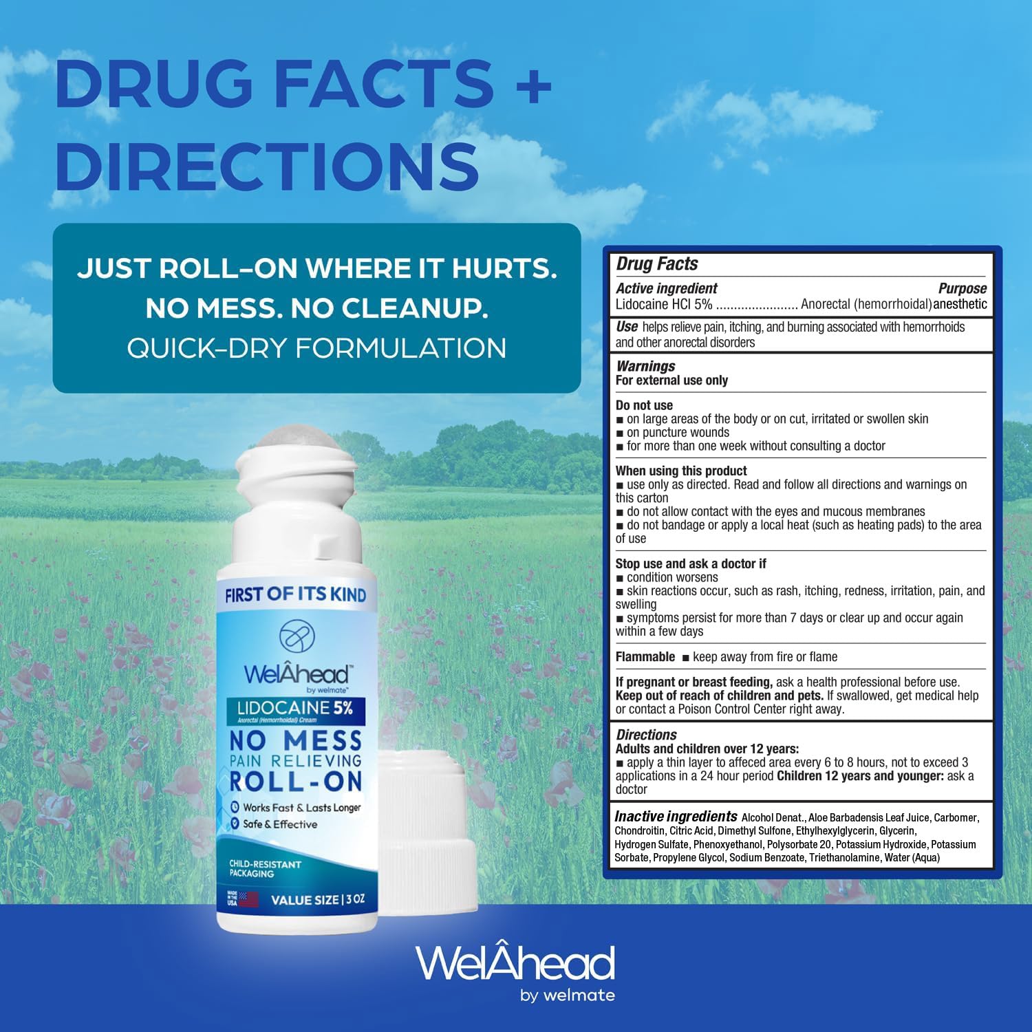 WELMATE - 5% Lidocaine Roll-On (3 oz Value Size) - No Mess Targeted Relief - Topical Anesthetic - Hemorrhoid Relief - Aloe Vera - Fast Acting & Long Lasting - Over-The-Counter Medication - First Aid - TrustMedUSA