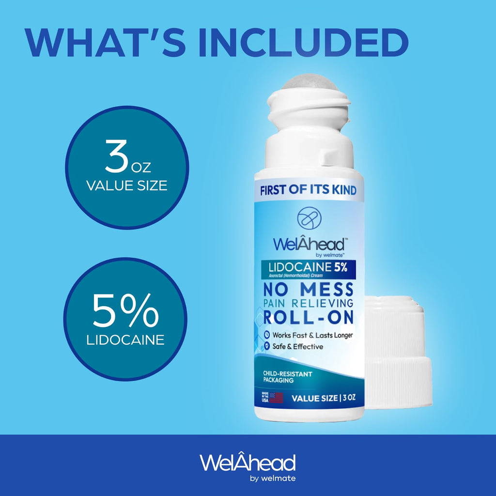 WELMATE - 5% Lidocaine Roll-On (3 oz Value Size) - No Mess Targeted Relief - Topical Anesthetic - Hemorrhoid Relief - Aloe Vera - Fast Acting & Long Lasting - Over-The-Counter Medication - First Aid - TrustMedUSA