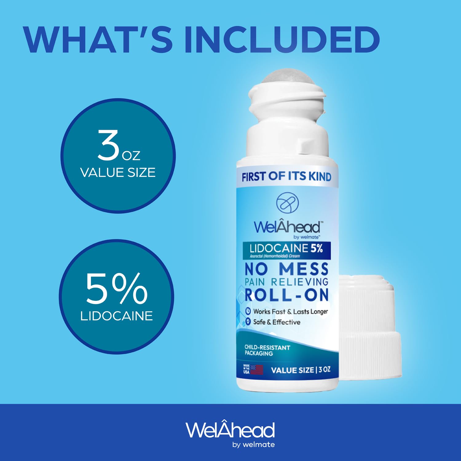 WELMATE - 5% Lidocaine Roll-On (3 oz Value Size) - No Mess Targeted Relief - Topical Anesthetic - Hemorrhoid Relief - Aloe Vera - Fast Acting & Long Lasting - Over-The-Counter Medication - First Aid - TrustMedUSA