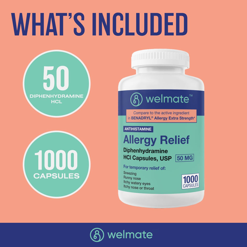 WELMATE Allergy Relief - Diphenhydramine 50 mg - 1000 Count Capsules - Antihistamine - Allergy & Cold Symptoms - Sneezing, Runny Nose, Itchy Eyes & Throat - Maple Wellness Supplements
