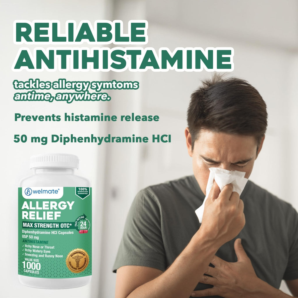 WELMATE Allergy Relief - Diphenhydramine 50 mg - 1000 Count Capsules - Antihistamine - Allergy & Cold Symptoms - Sneezing, Runny Nose, Itchy Eyes & Throat - Maple Wellness Supplements