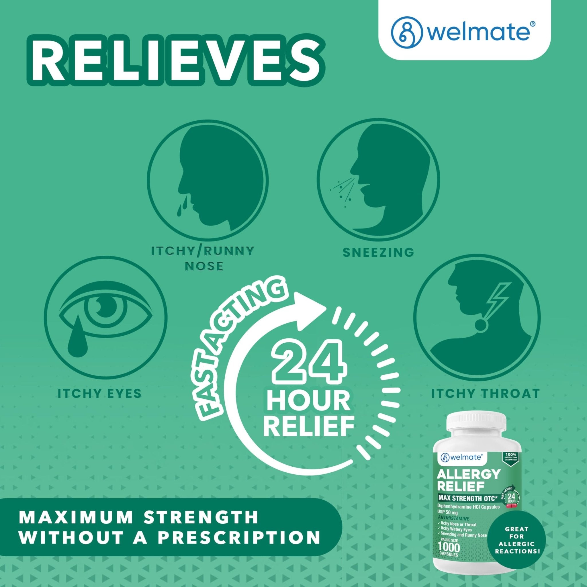 WELMATE Allergy Relief - Diphenhydramine 50 mg - 1000 Count Capsules - Antihistamine - Allergy & Cold Symptoms - Sneezing, Runny Nose, Itchy Eyes & Throat - Maple Wellness Supplements