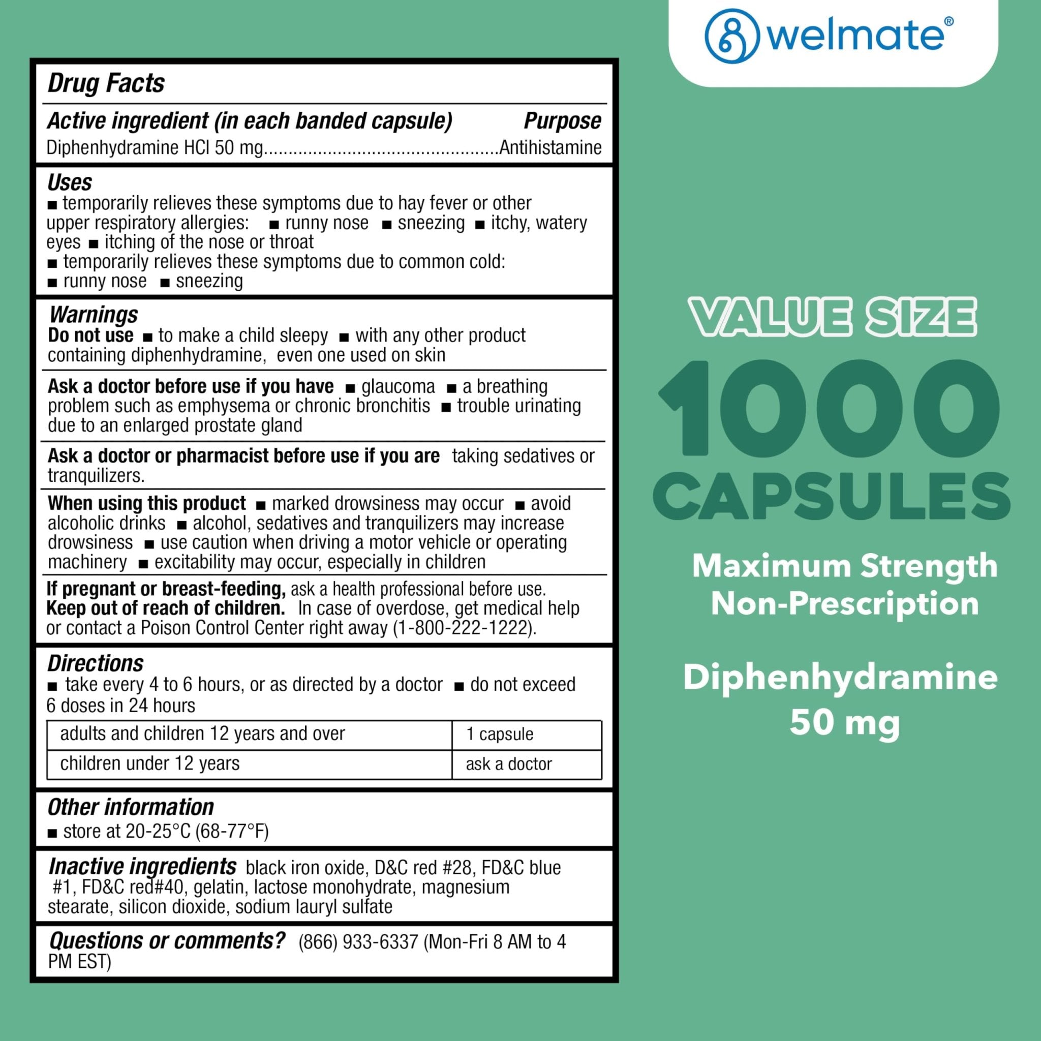 WELMATE Allergy Relief - Diphenhydramine 50 mg - 1000 Count Capsules - Antihistamine - Allergy & Cold Symptoms - Sneezing, Runny Nose, Itchy Eyes & Throat - Maple Wellness Supplements