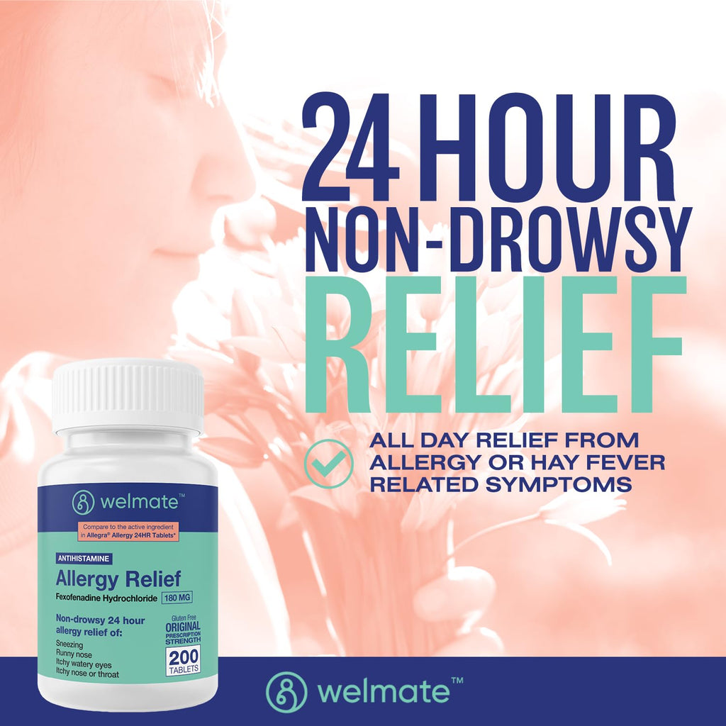 WELMATE | Allergy Relief | Fexofenadine HCl 180 mg | 24 Hour Non-Drowsy Antihistamine | Sneezing | Runny Nose | Itchy Eyes, Nose & Throat | Indoor & Outdoor Allergy Relief Tablets | 200 Count - Maple Wellness Supplements