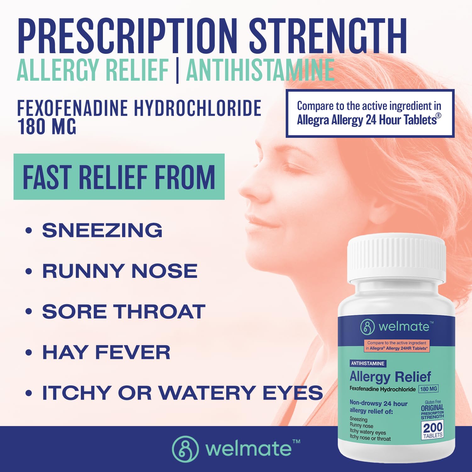 WELMATE | Allergy Relief | Fexofenadine HCl 180 mg | 24 Hour Non-Drowsy Antihistamine | Sneezing | Runny Nose | Itchy Eyes, Nose & Throat | Indoor & Outdoor Allergy Relief Tablets | 200 Count - Maple Wellness Supplements