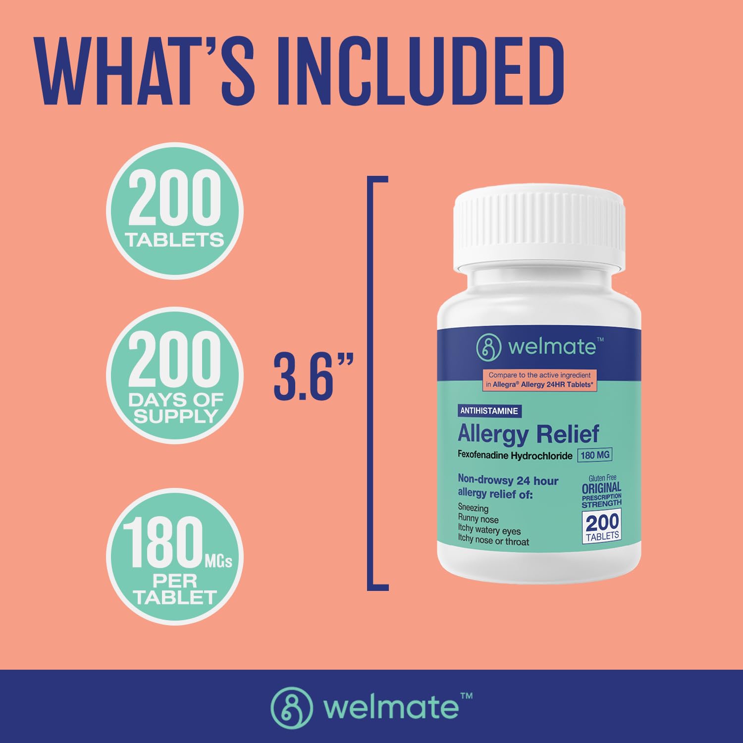 WELMATE | Allergy Relief | Fexofenadine HCl 180 mg | 24 Hour Non-Drowsy Antihistamine | Sneezing | Runny Nose | Itchy Eyes, Nose & Throat | Indoor & Outdoor Allergy Relief Tablets | 200 Count - Maple Wellness Supplements