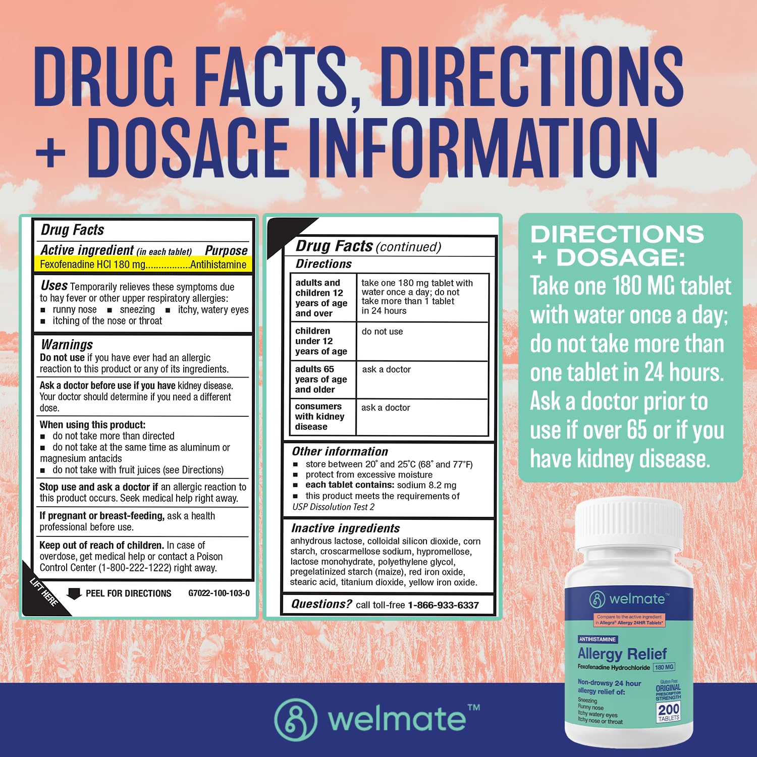 WELMATE | Allergy Relief | Fexofenadine HCl 180 mg | 24 Hour Non-Drowsy Antihistamine | Sneezing | Runny Nose | Itchy Eyes, Nose & Throat | Indoor & Outdoor Allergy Relief Tablets | 200 Count - Maple Wellness Supplements