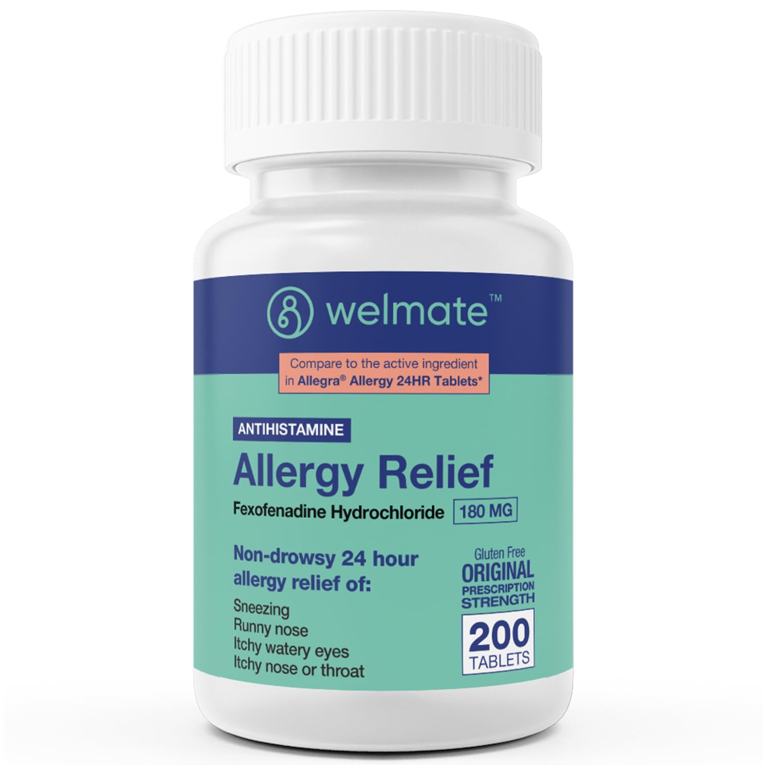 WELMATE | Allergy Relief | Fexofenadine HCl 180 mg | 24 Hour Non-Drowsy Antihistamine | Sneezing | Runny Nose | Itchy Eyes, Nose & Throat | Indoor & Outdoor Allergy Relief Tablets | 200 Count - Maple Wellness Supplements