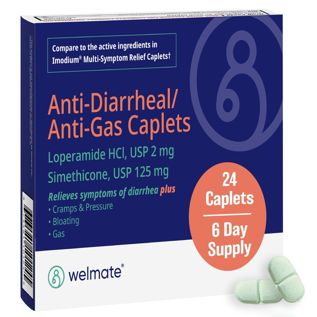 WELMATE - Anti-Diarrheal/Anti-Gas Caplets (24 Count) - Diarrhea, Gas, Bloating, Cramps - Loperamide HCl 2mg & Simethicone 125mg - OTC Medication - Maple Wellness Supplements
