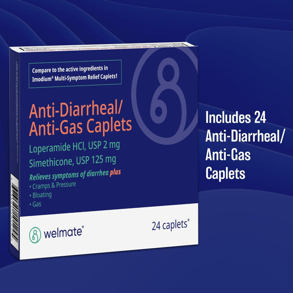 WELMATE - Anti-Diarrheal/Anti-Gas Caplets (24 Count) - Diarrhea, Gas, Bloating, Cramps - Loperamide HCl 2mg & Simethicone 125mg - OTC Medication - Maple Wellness Supplements