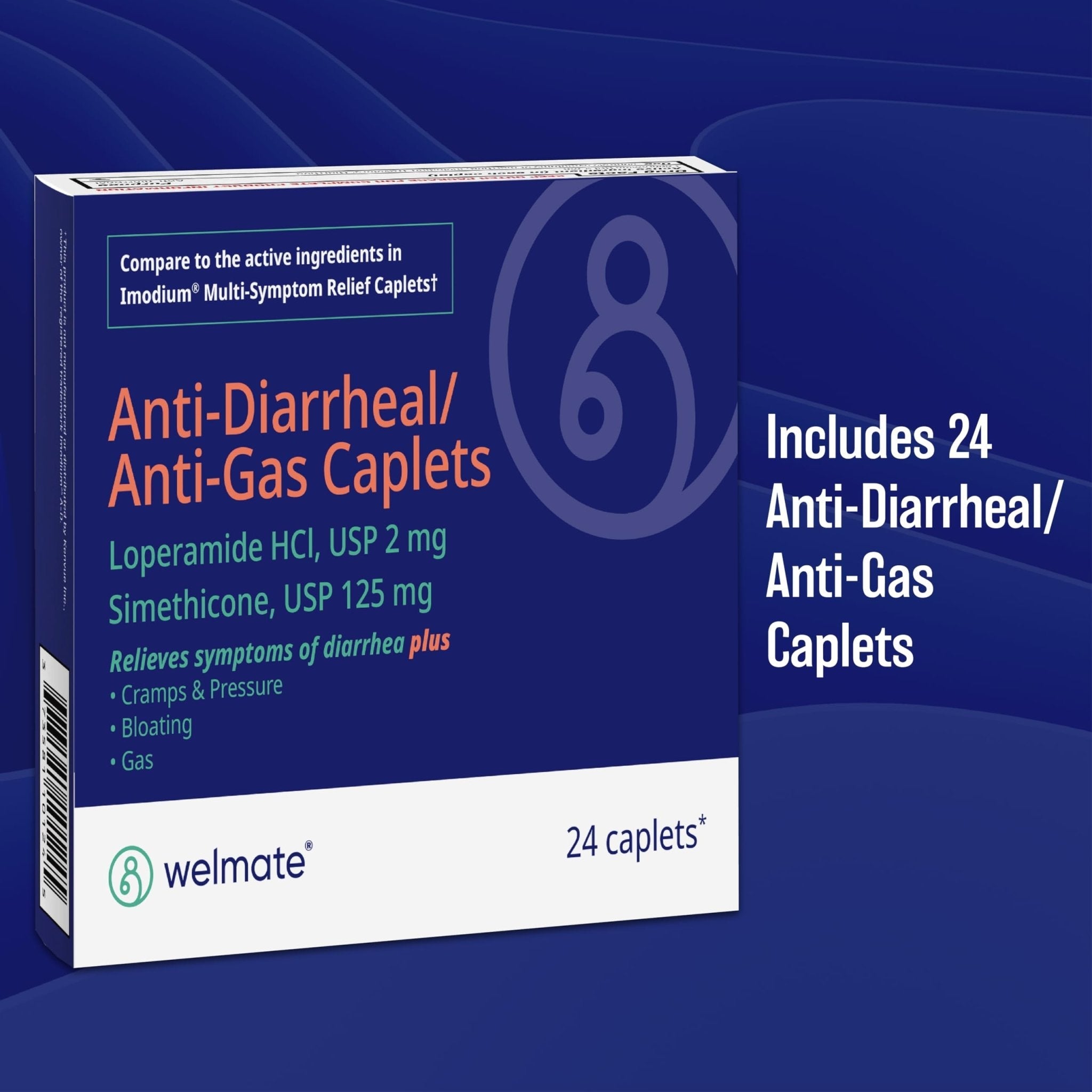 WELMATE - Anti-Diarrheal/Anti-Gas Caplets (24 Count) - Diarrhea, Gas, Bloating, Cramps - Loperamide HCl 2mg & Simethicone 125mg - OTC Medication - Maple Wellness Supplements