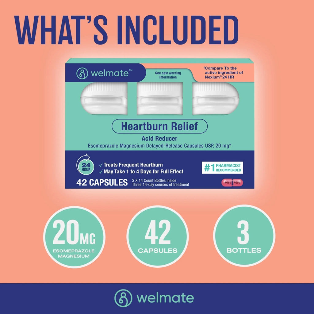 WELMATE Esomeprazole Magnesium 20mg Delayed Release Capsules, 84 Count (2-Pack) – Acid Reducer for Frequent Heartburn & Acid Reflux Relief, 24HR Protection, Digestion Support - TrustMedUSA