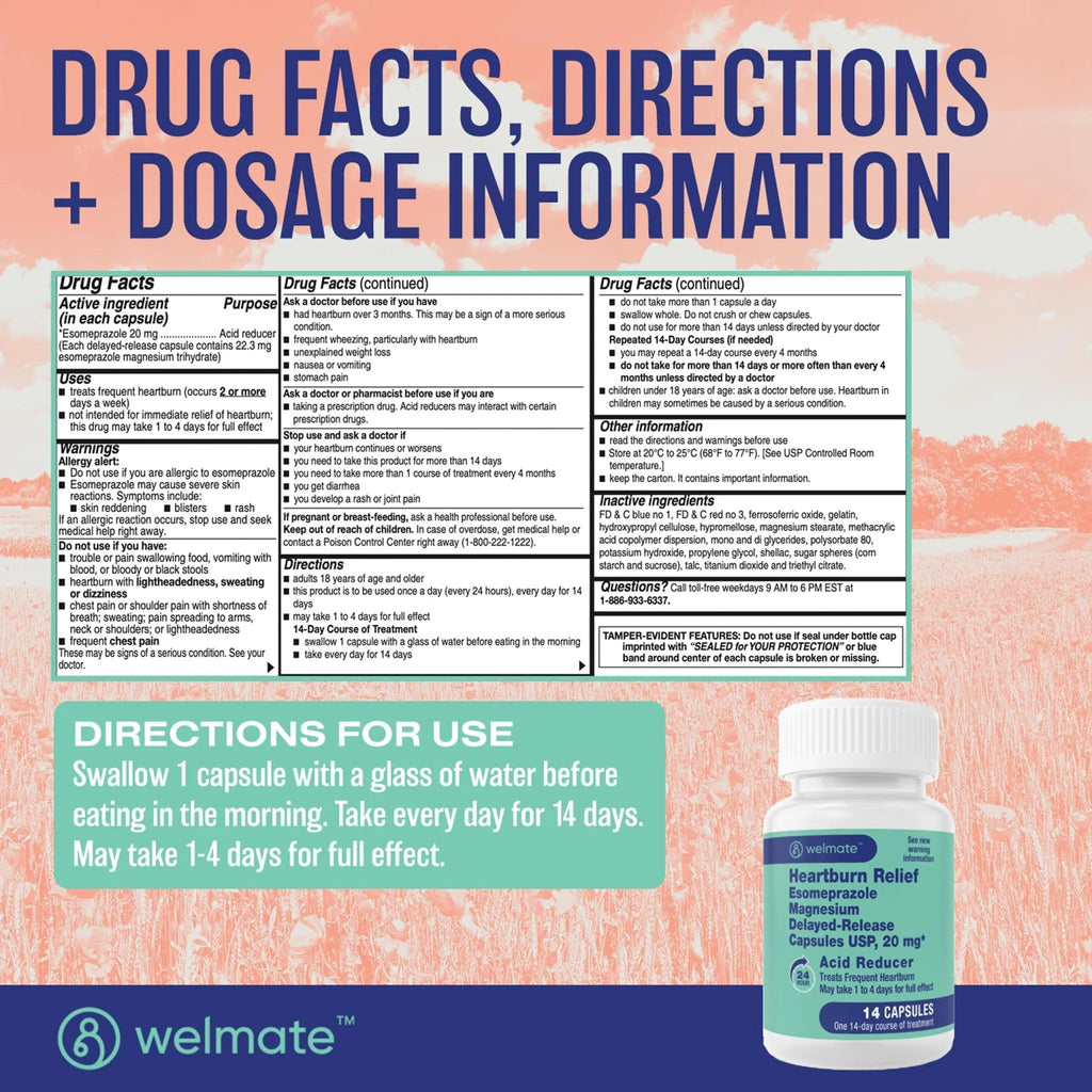 WELMATE Esomeprazole Magnesium 20mg Delayed Release Capsules, 84 Count (2-Pack) – Acid Reducer for Frequent Heartburn & Acid Reflux Relief, 24HR Protection, Digestion Support - TrustMedUSA