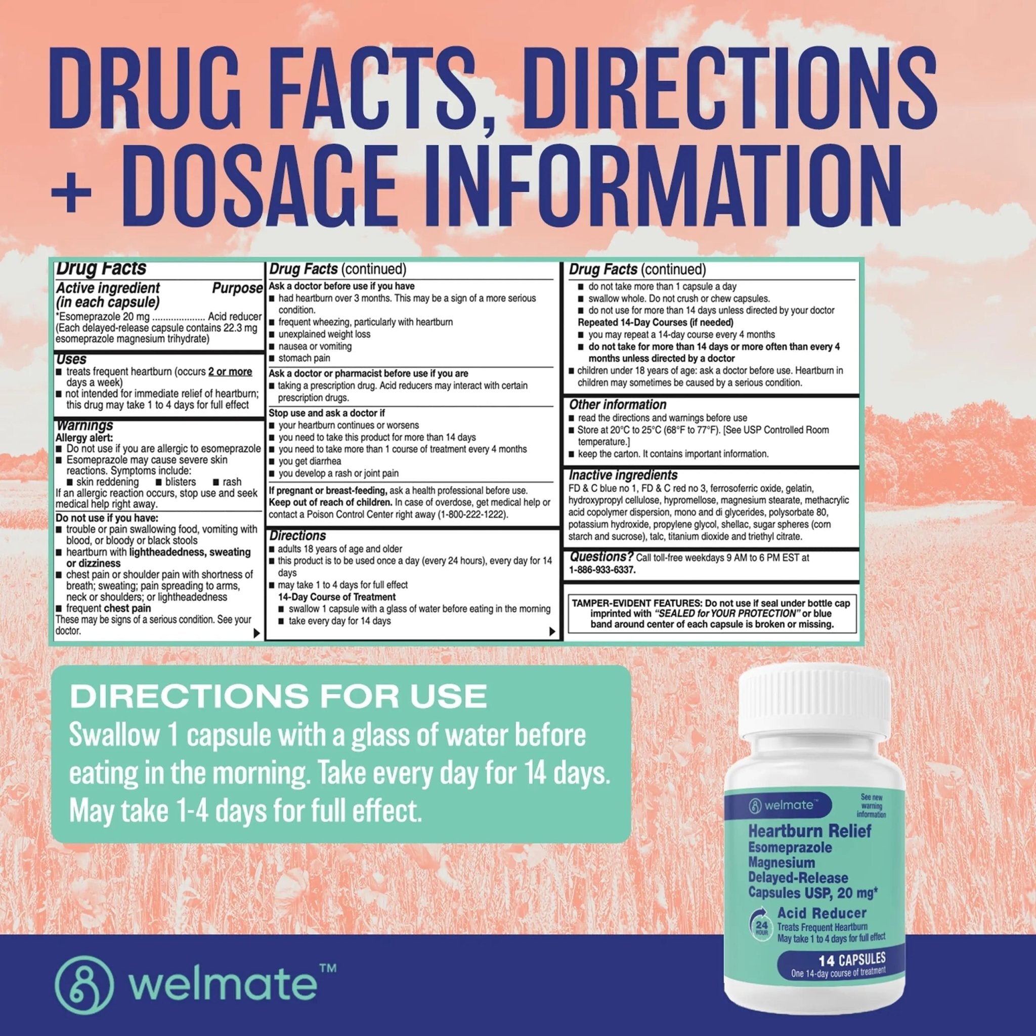 WELMATE Esomeprazole Magnesium 20mg Delayed Release Capsules, 84 Count (2-Pack) – Acid Reducer for Frequent Heartburn & Acid Reflux Relief, 24HR Protection, Digestion Support - TrustMedUSA