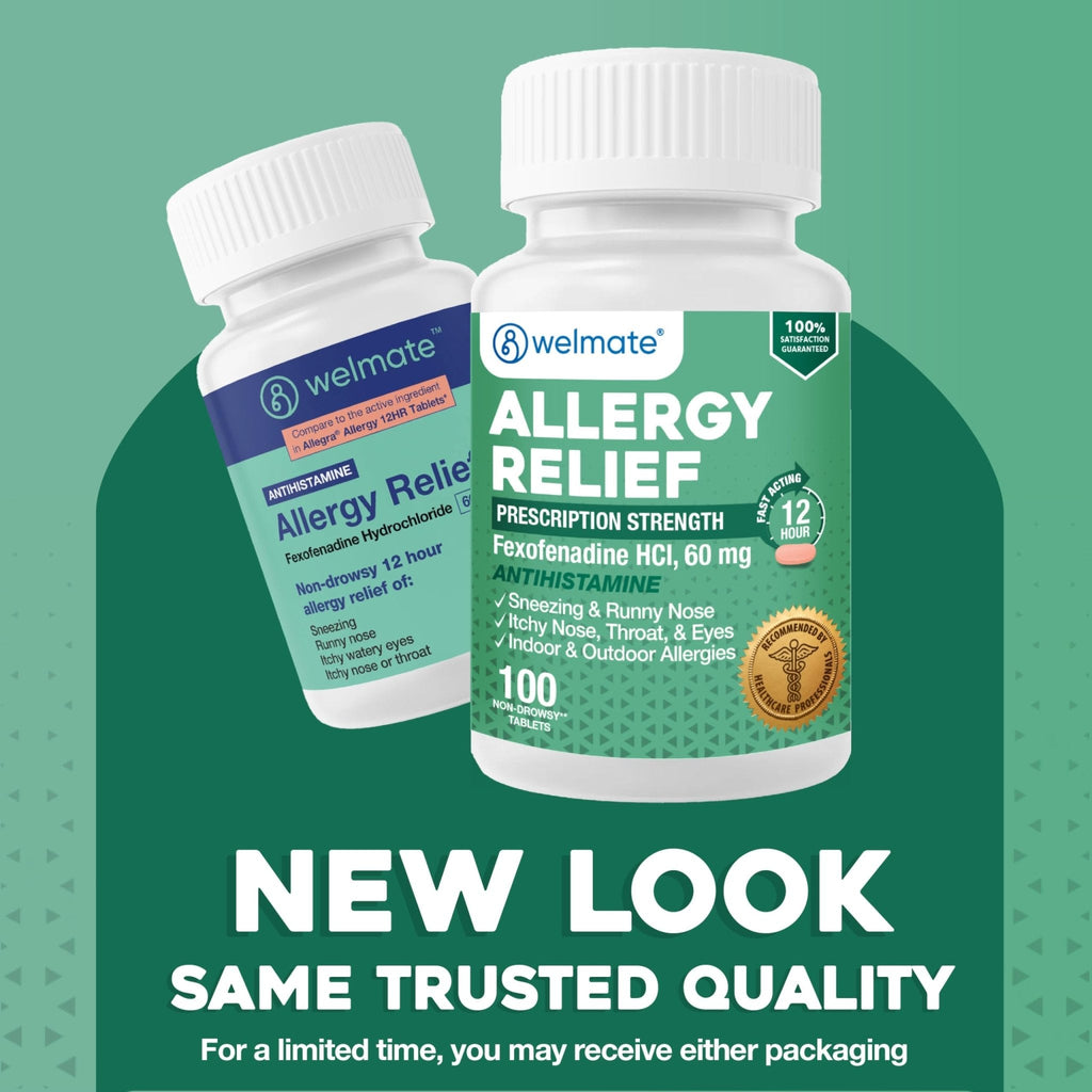 WELMATE - Fexofenadine Hydrochloride 60mg (100 Tablets) - Non Drowsy Allergy Medicine - 12 Hours - Antihistamine - Nose, Eyes, Throat - Generic Allergy Pills - Gluten Free, Over-the-Counter Medication - Maple Wellness Supplements