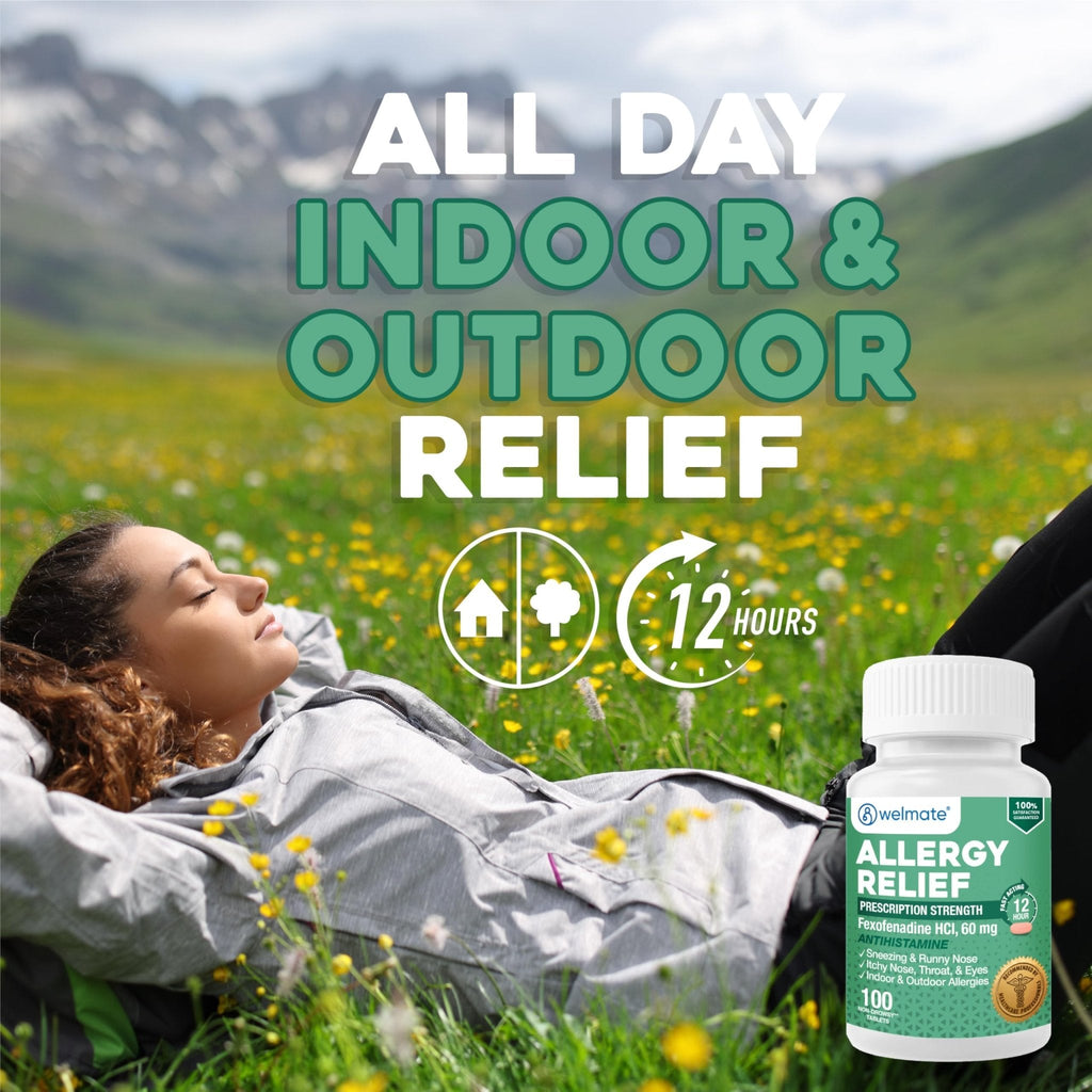 WELMATE - Fexofenadine Hydrochloride 60mg (100 Tablets) - Non Drowsy Allergy Medicine - 12 Hours - Antihistamine - Nose, Eyes, Throat - Generic Allergy Pills - Gluten Free, Over-the-Counter Medication - Maple Wellness Supplements