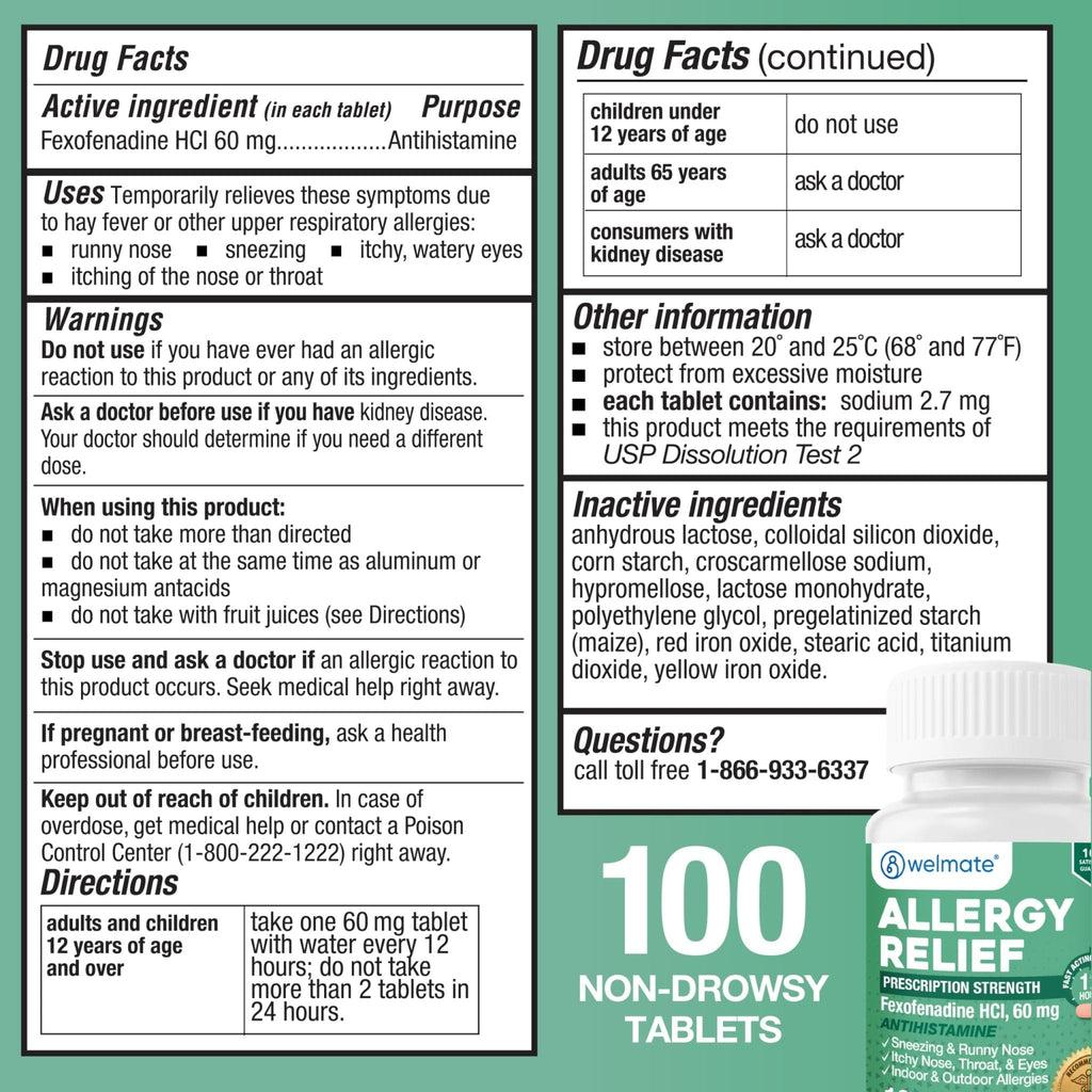 WELMATE - Fexofenadine Hydrochloride 60mg (100 Tablets) - Non Drowsy Allergy Medicine - 12 Hours - Antihistamine - Nose, Eyes, Throat - Generic Allergy Pills - Gluten Free, Over-the-Counter Medication - Maple Wellness Supplements
