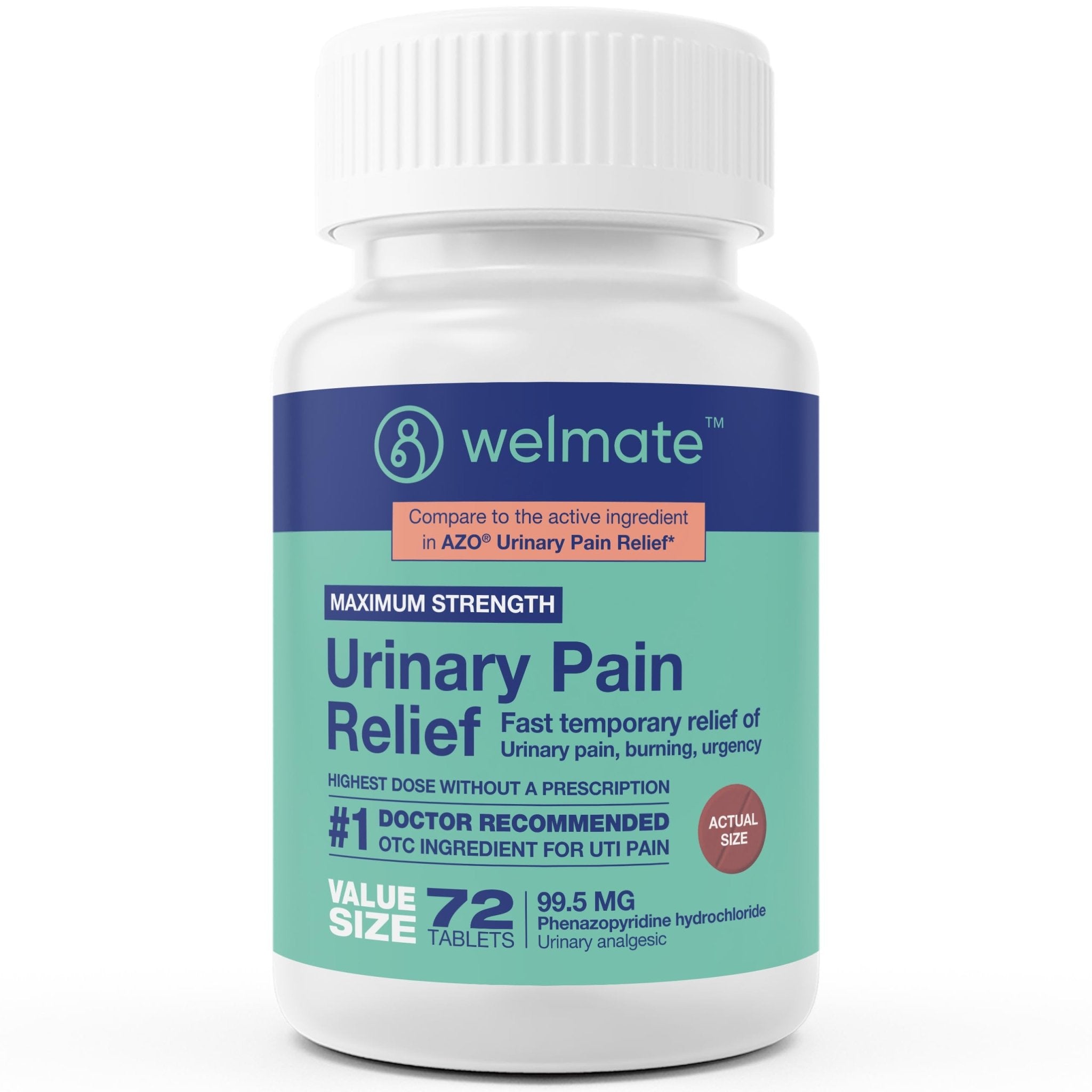WELMATE Urinary Pain UTI Relief Maximum Strength (Phenazopyridine HCL) - Improve Urinary Tract Health & Bladder Control, Urgency, & Discomfort | Over-The-Counter Medication for Men & Women (72 Pills) - Maple Wellness Supplements
