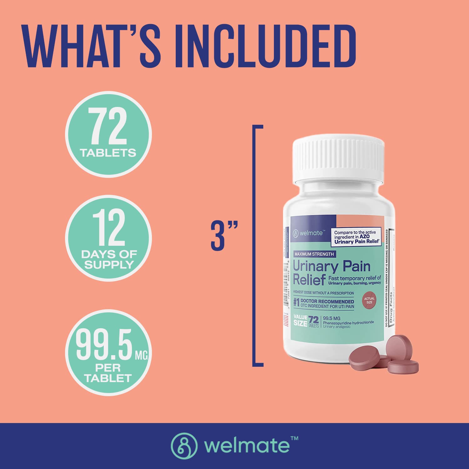 WELMATE Urinary Pain UTI Relief Maximum Strength (Phenazopyridine HCL) - Improve Urinary Tract Health & Bladder Control, Urgency, & Discomfort | Over-The-Counter Medication for Men & Women (72 Pills) - Maple Wellness Supplements