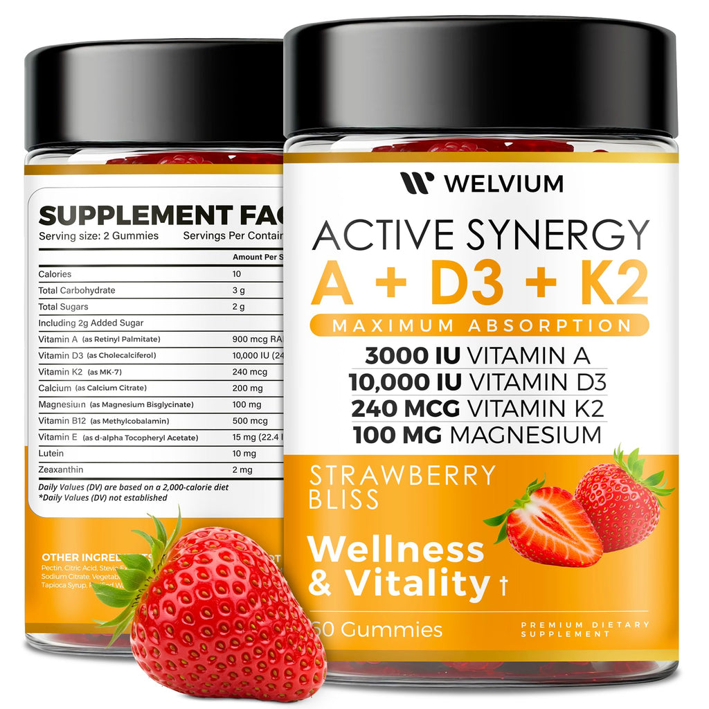 WELVIUM Vitamin D3 K2 Gummies 10000 IU with Magnesium Glycinate, Calcium, B12, K2 MK-7, Vitamins A, E, Lutein, Zeaxanthin - ADK Chewable Supplement for Bone, Eye, Immune Support - D3K2 Gummies - TrustMedUSA