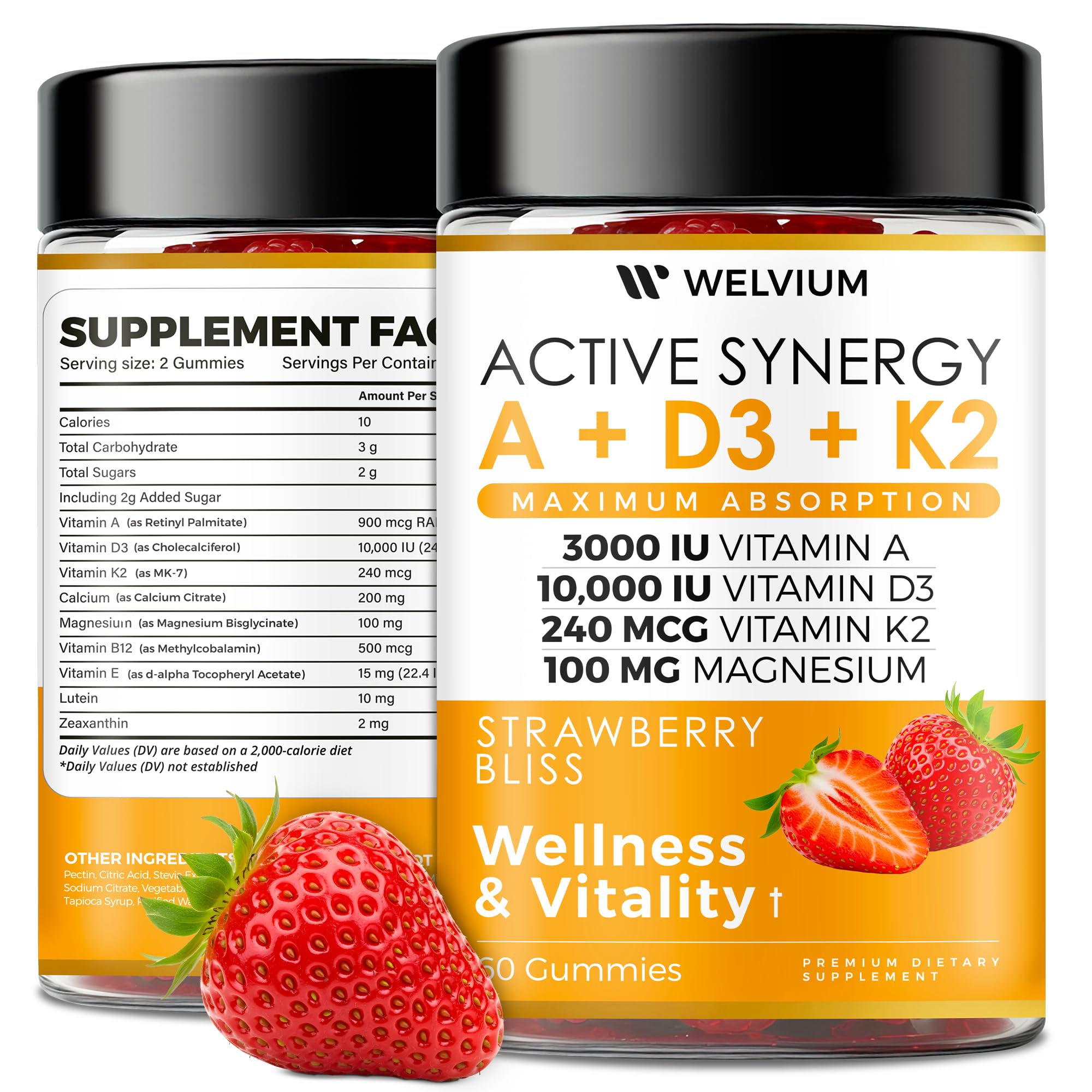 WELVIUM Vitamin D3 K2 Gummies 10000 IU with Magnesium Glycinate, Calcium, B12, K2 MK-7, Vitamins A, E, Lutein, Zeaxanthin - ADK Chewable Supplement for Bone, Eye, Immune Support - D3K2 Gummies - TrustMedUSA