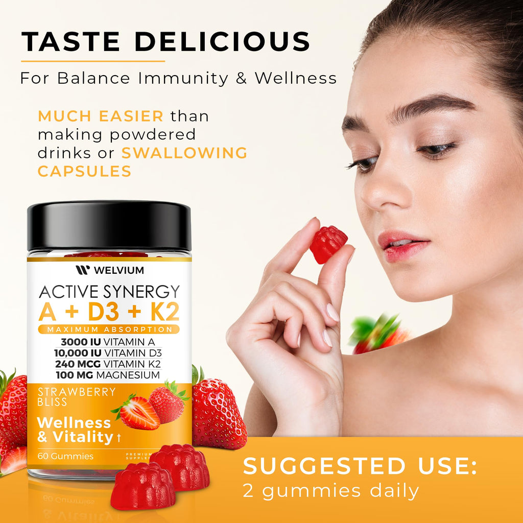 WELVIUM Vitamin D3 K2 Gummies 10000 IU with Magnesium Glycinate, Calcium, B12, K2 MK-7, Vitamins A, E, Lutein, Zeaxanthin - ADK Chewable Supplement for Bone, Eye, Immune Support - D3K2 Gummies - TrustMedUSA