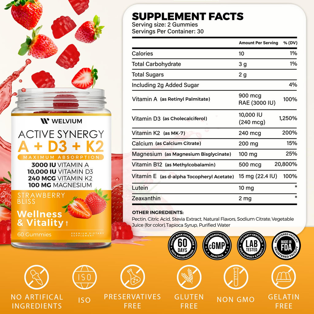 WELVIUM Vitamin D3 K2 Gummies 10000 IU with Magnesium Glycinate, Calcium, B12, K2 MK-7, Vitamins A, E, Lutein, Zeaxanthin - ADK Chewable Supplement for Bone, Eye, Immune Support - D3K2 Gummies - TrustMedUSA