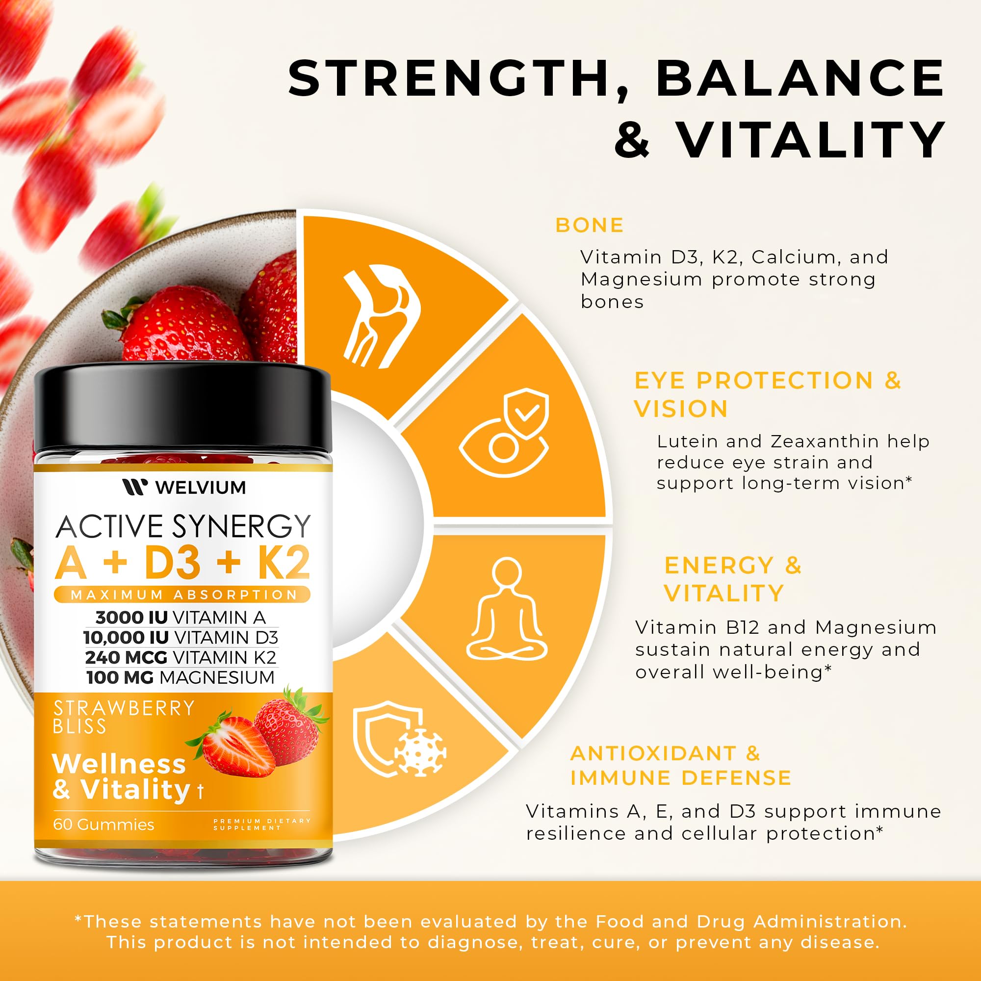 WELVIUM Vitamin D3 K2 Gummies 10000 IU with Magnesium Glycinate, Calcium, B12, K2 MK-7, Vitamins A, E, Lutein, Zeaxanthin - ADK Chewable Supplement for Bone, Eye, Immune Support - D3K2 Gummies - TrustMedUSA