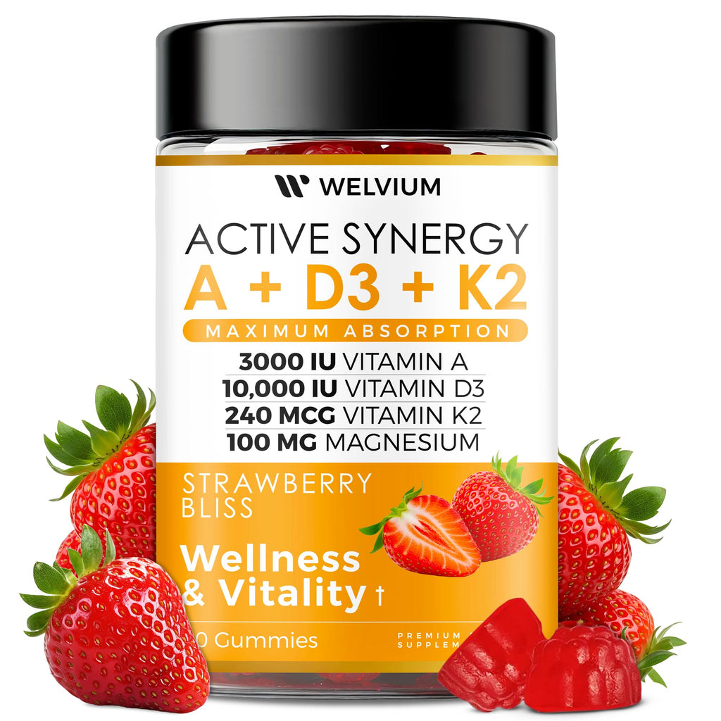 WELVIUM Vitamin D3 K2 Gummies 10000 IU with Magnesium Glycinate, Calcium, B12, K2 MK-7, Vitamins A, E, Lutein, Zeaxanthin - ADK Chewable Supplement for Bone, Eye, Immune Support - D3K2 Gummies - TrustMedUSA