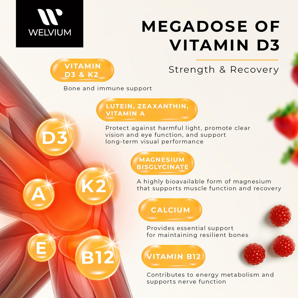 WELVIUM Vitamin D3 K2 Gummies 10000 IU with Magnesium Glycinate, Calcium, B12, K2 MK-7, Vitamins A, E, Lutein, Zeaxanthin - ADK Chewable Supplement for Bone, Eye, Immune Support - D3K2 Gummies - TrustMedUSA