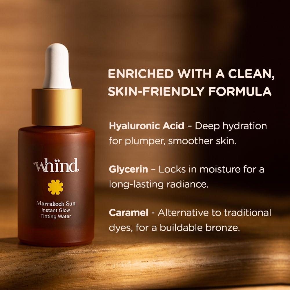 WHIND Marrakech Sun Instant Glow Tinting Water- Self Tanner Face Drops –Bronzing for Face –Lightweight Tanner/Natural Tan- Streak-Free Glow – Tan Drops for Radiant Skin - 1oz / 30ml - TrustMedUSA