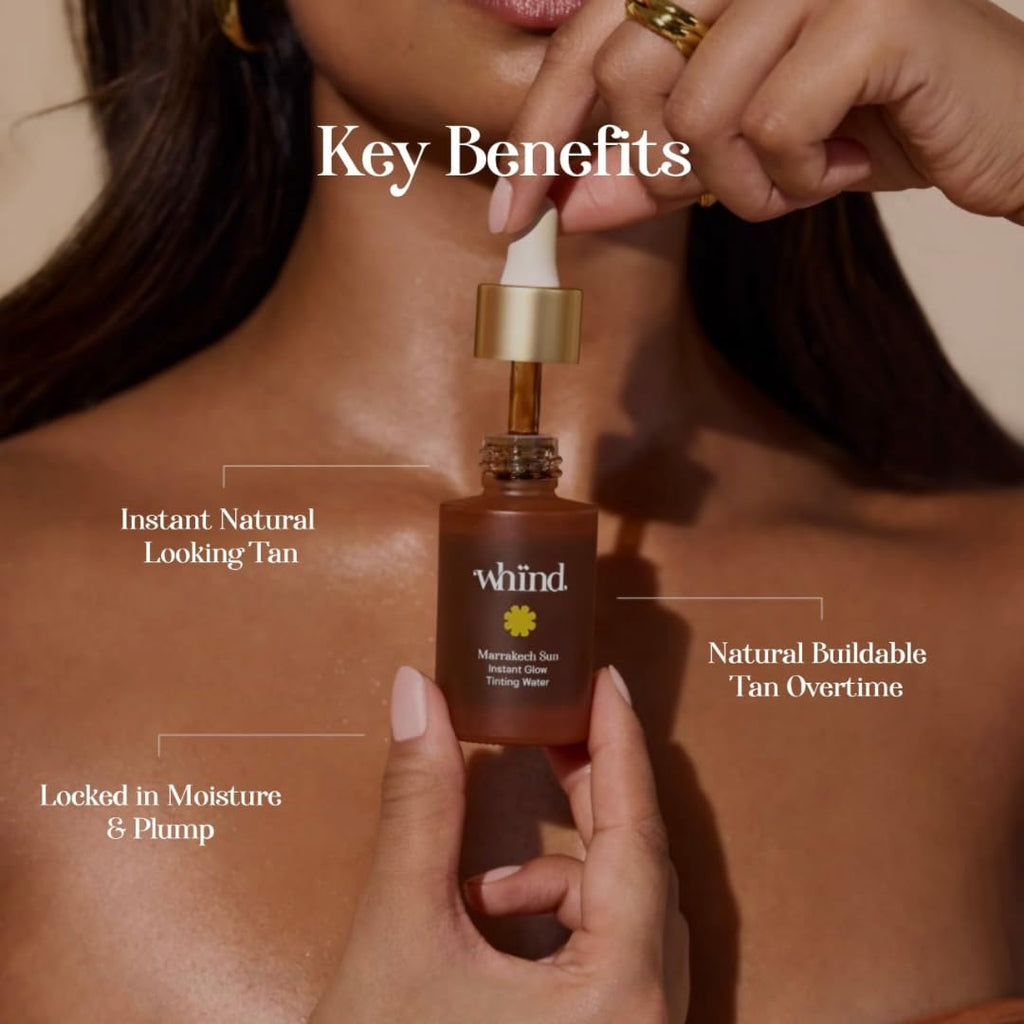 WHIND Marrakech Sun Instant Glow Tinting Water- Self Tanner Face Drops –Bronzing for Face –Lightweight Tanner/Natural Tan- Streak-Free Glow – Tan Drops for Radiant Skin - 1oz / 30ml - TrustMedUSA