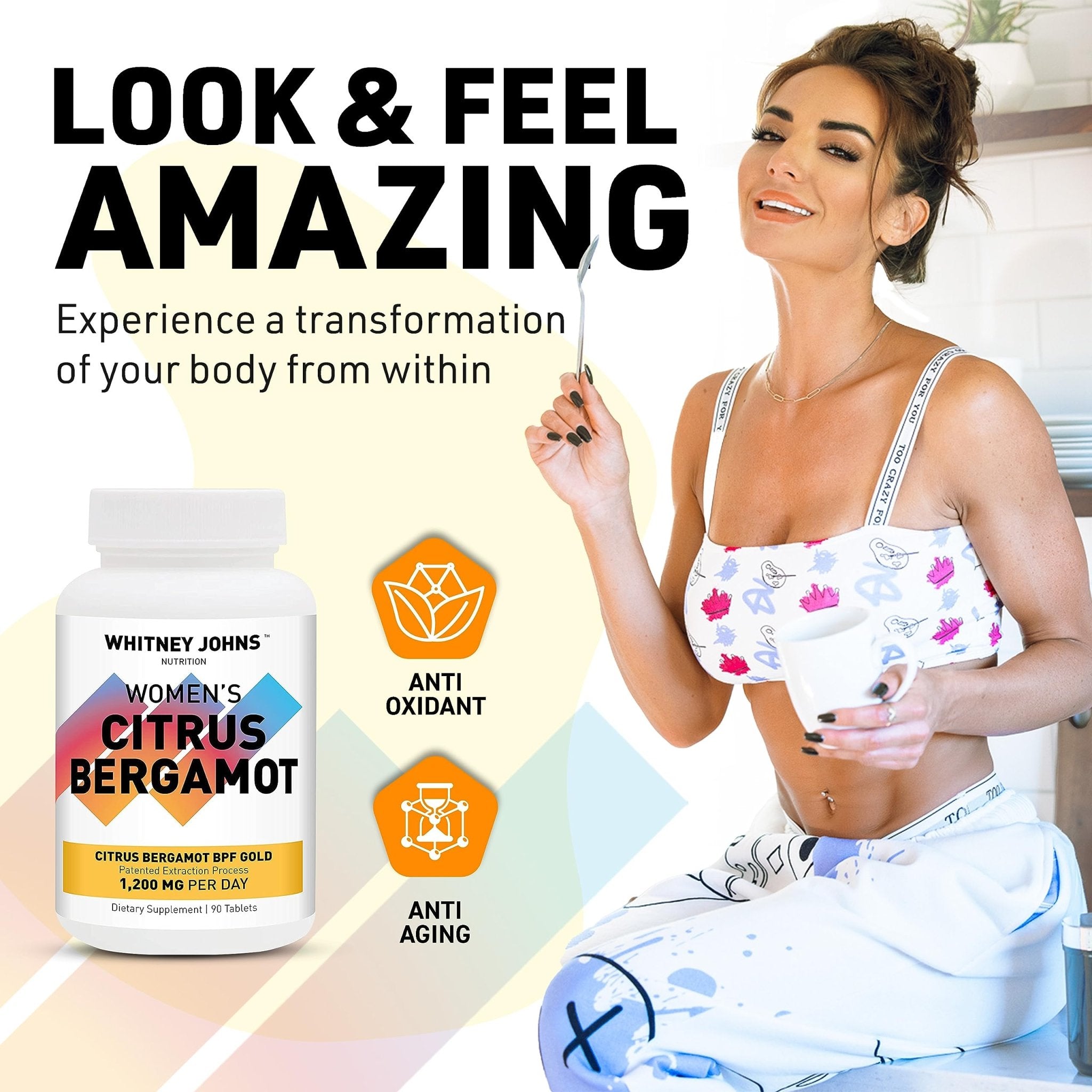 Whitney Johns Citrus Bergamot for Women, Clinically Tested Bergamot Supplement Specifically Formulated for Womens Health and Wellness, Antioxidant, 1200mg, 90 Tablets - TrustMedUSA