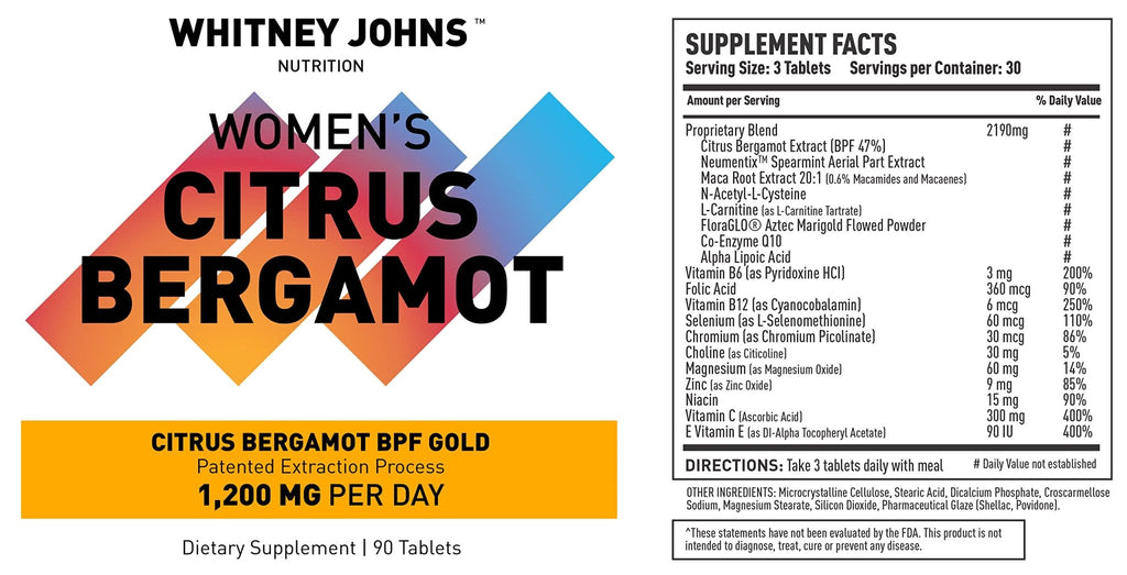 Whitney Johns Citrus Bergamot for Women, Clinically Tested Bergamot Supplement Specifically Formulated for Womens Health and Wellness, Antioxidant, 1200mg, 90 Tablets - TrustMedUSA