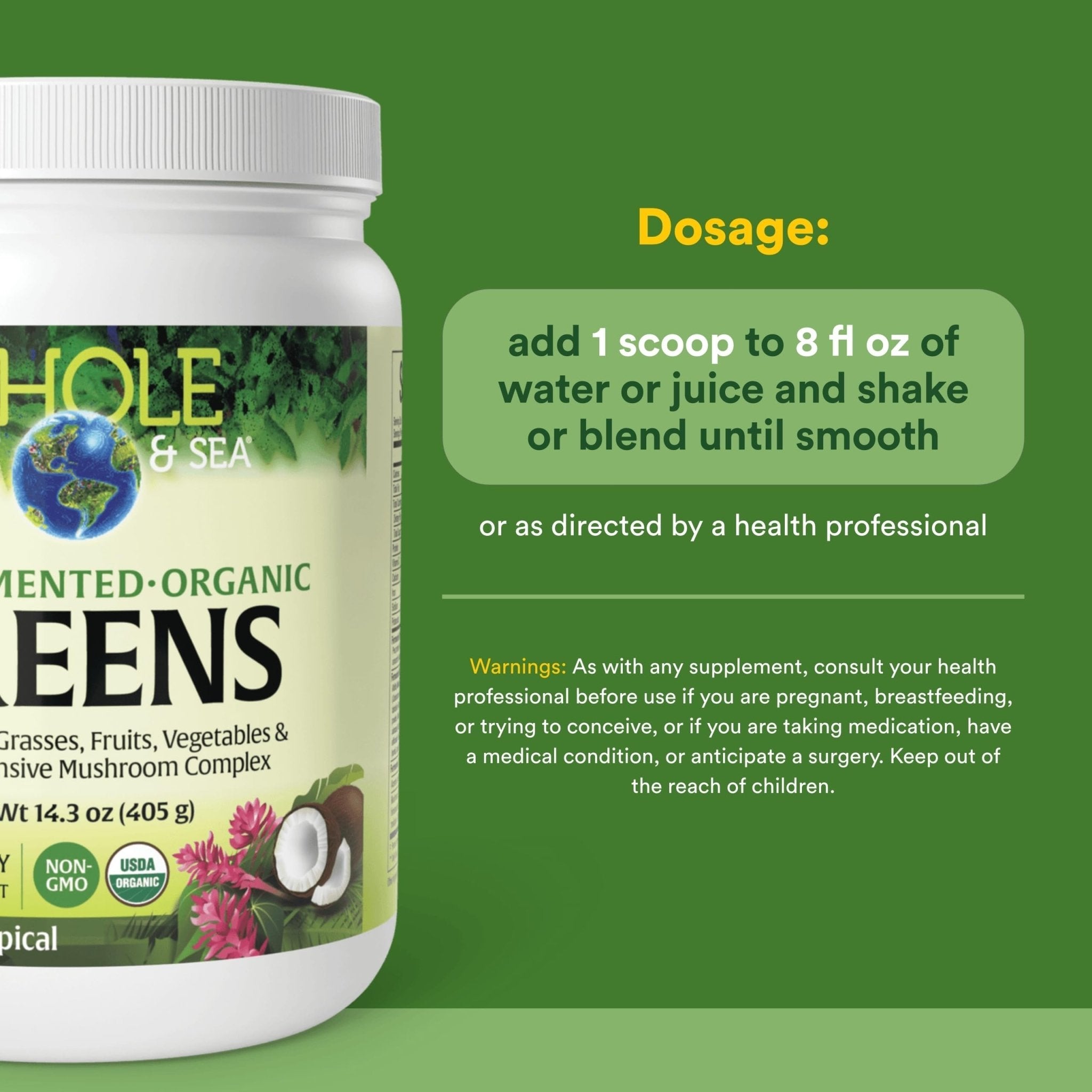 Whole Earth & Sea from Natural Factors, Organic Fermented Greens, Vegan Whole Food Supplement, Tropical, 14.3 Oz - TrustMedUSA