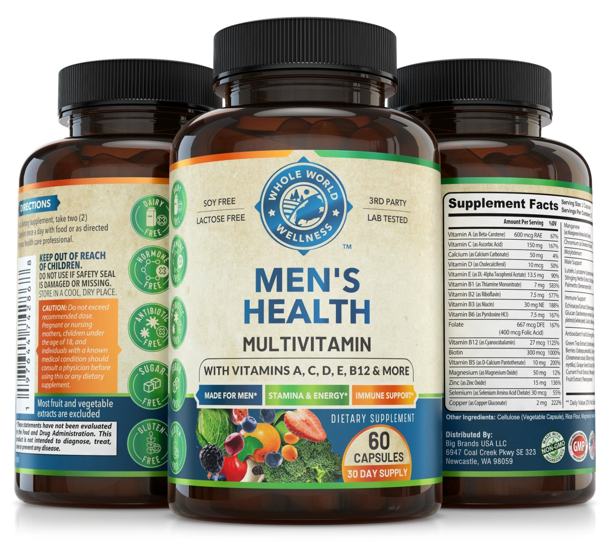 Whole World Wellness Mens Daily Multivitamin Multimineral Supplement for Energy, Focus, Stamina & Performance. Made for Men with 30+ Nutrients, Fruit & Energy Blend. Mens Vitamins, Made in The USA. - TrustMedUSA