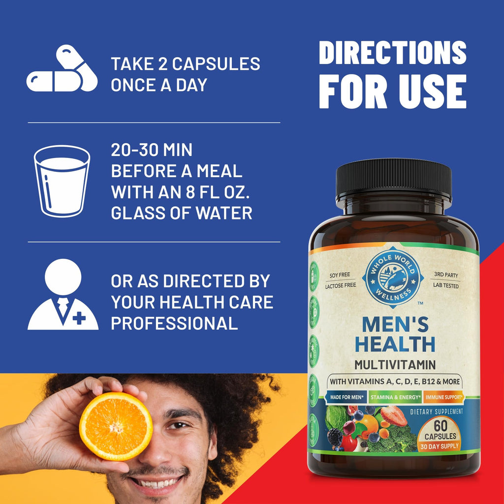 Whole World Wellness Mens Daily Multivitamin Multimineral Supplement for Energy, Focus, Stamina & Performance. Made for Men with 30+ Nutrients, Fruit & Energy Blend. Mens Vitamins, Made in The USA. - TrustMedUSA