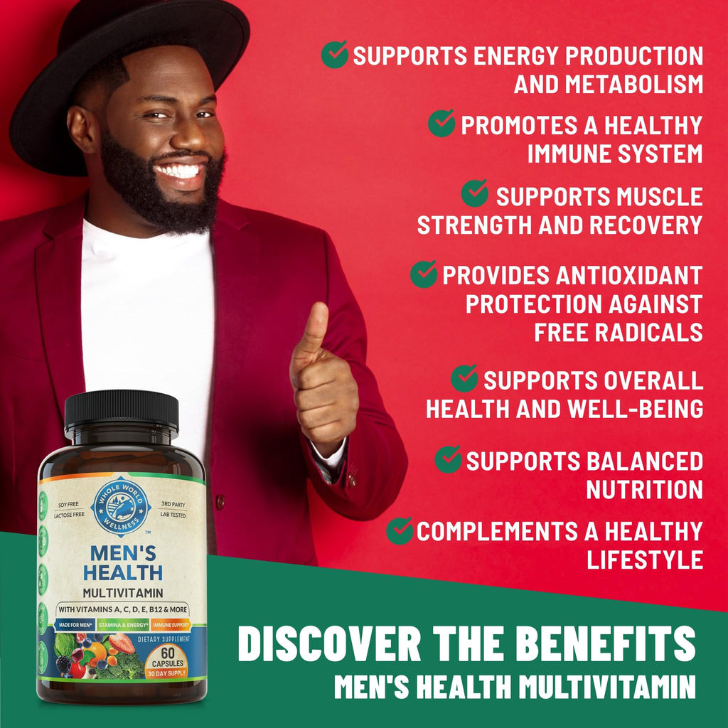 Whole World Wellness Mens Daily Multivitamin Multimineral Supplement for Energy, Focus, Stamina & Performance. Made for Men with 30+ Nutrients, Fruit & Energy Blend. Mens Vitamins, Made in The USA. - TrustMedUSA