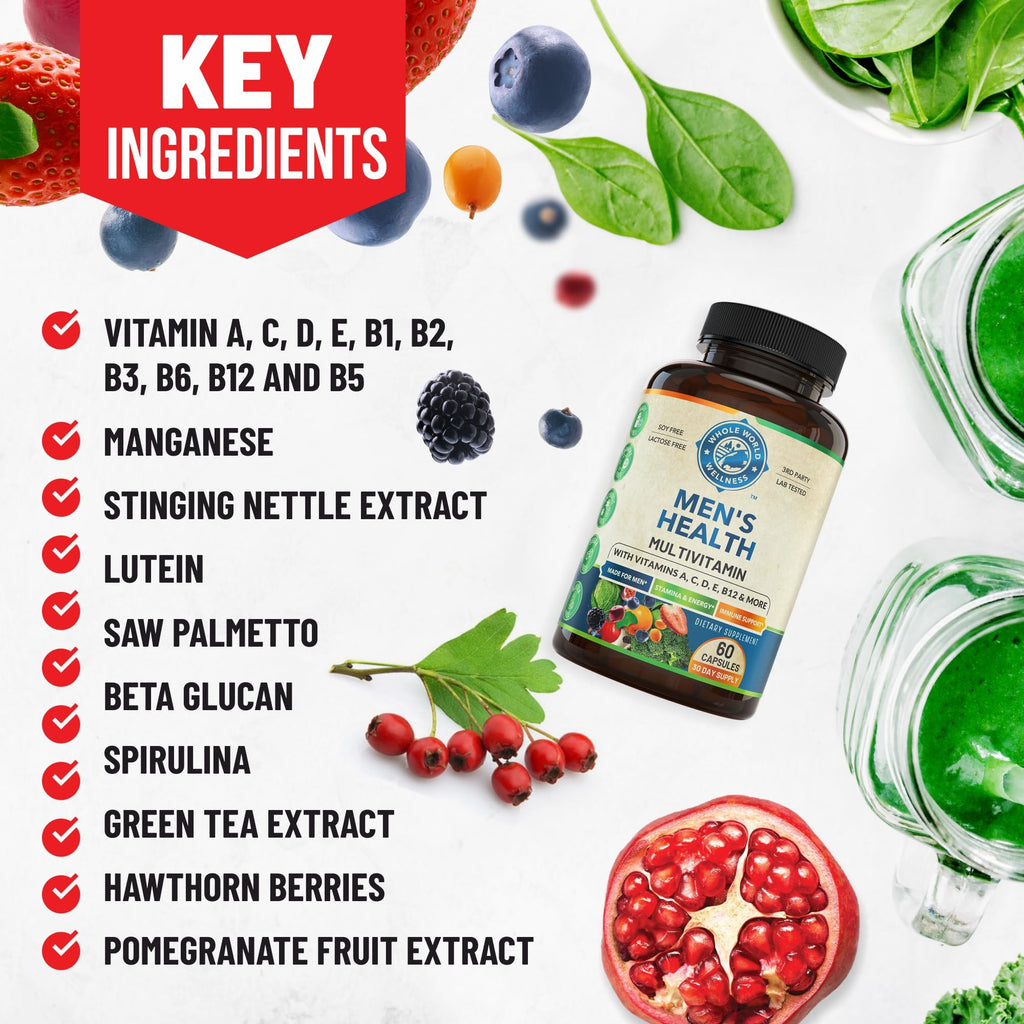 Whole World Wellness Mens Daily Multivitamin Multimineral Supplement for Energy, Focus, Stamina & Performance. Made for Men with 30+ Nutrients, Fruit & Energy Blend. Mens Vitamins, Made in The USA. - TrustMedUSA