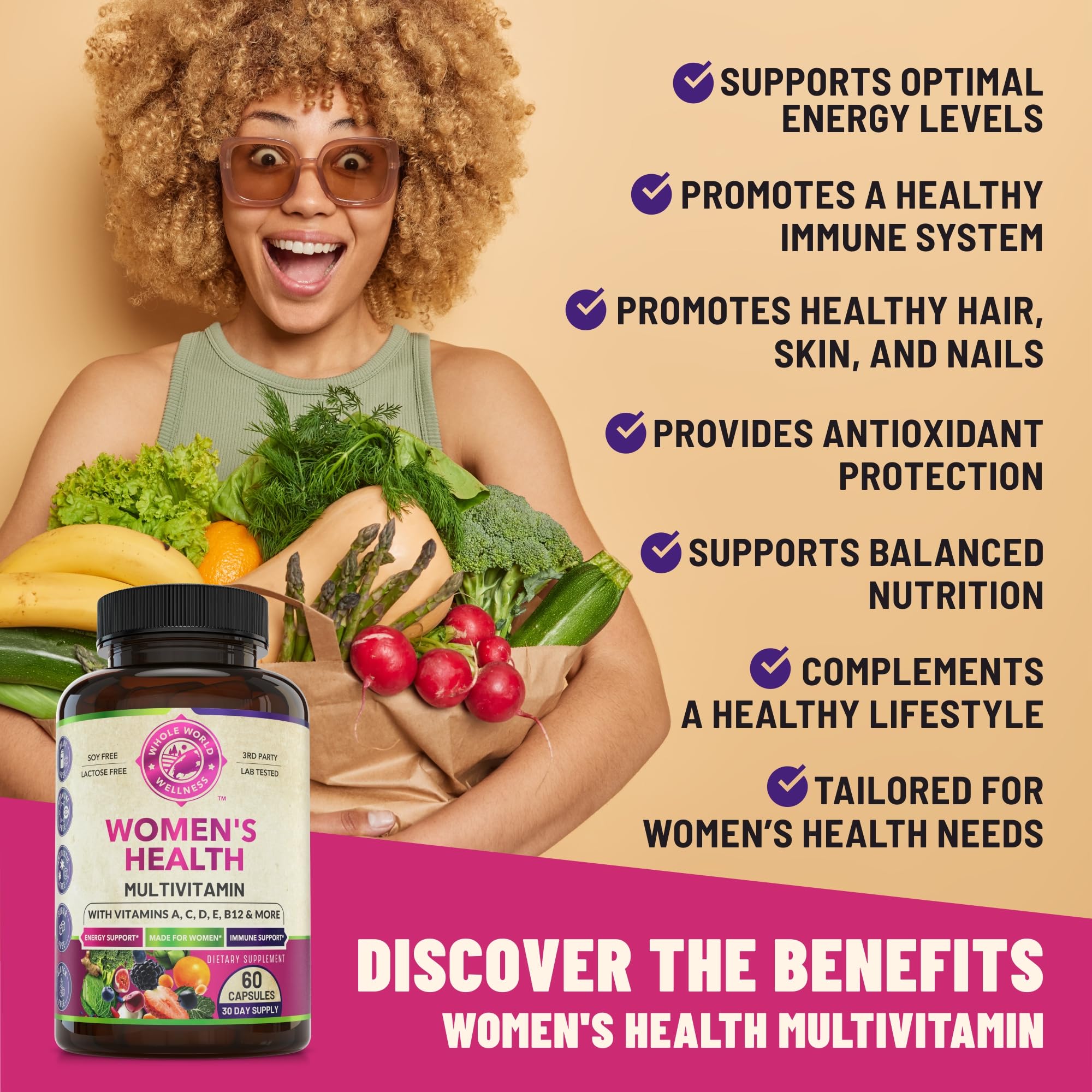 WHOLE WORLD WELLNESS Womens Daily Multivitamin Multimineral Supplement for Energy, Mood, Focus, Hair, Skin & Nails. Made for Women with 30+ Nutrients, Fruit & Energy Blend. Womens Vitamins, USA Made. - TrustMedUSA